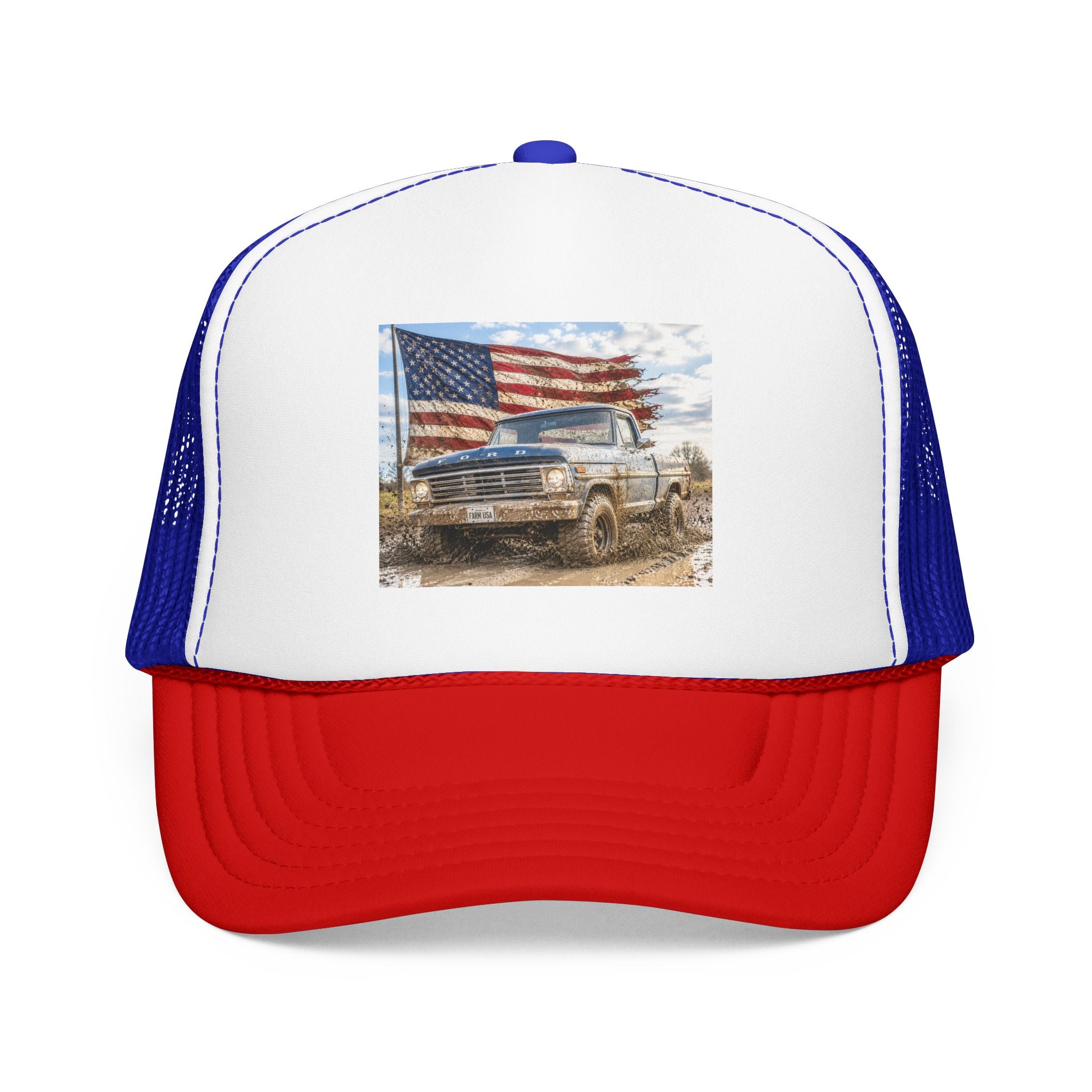 Patriotic Mud Truck Trucker Hat — American Flag Off-Road Foam Cap