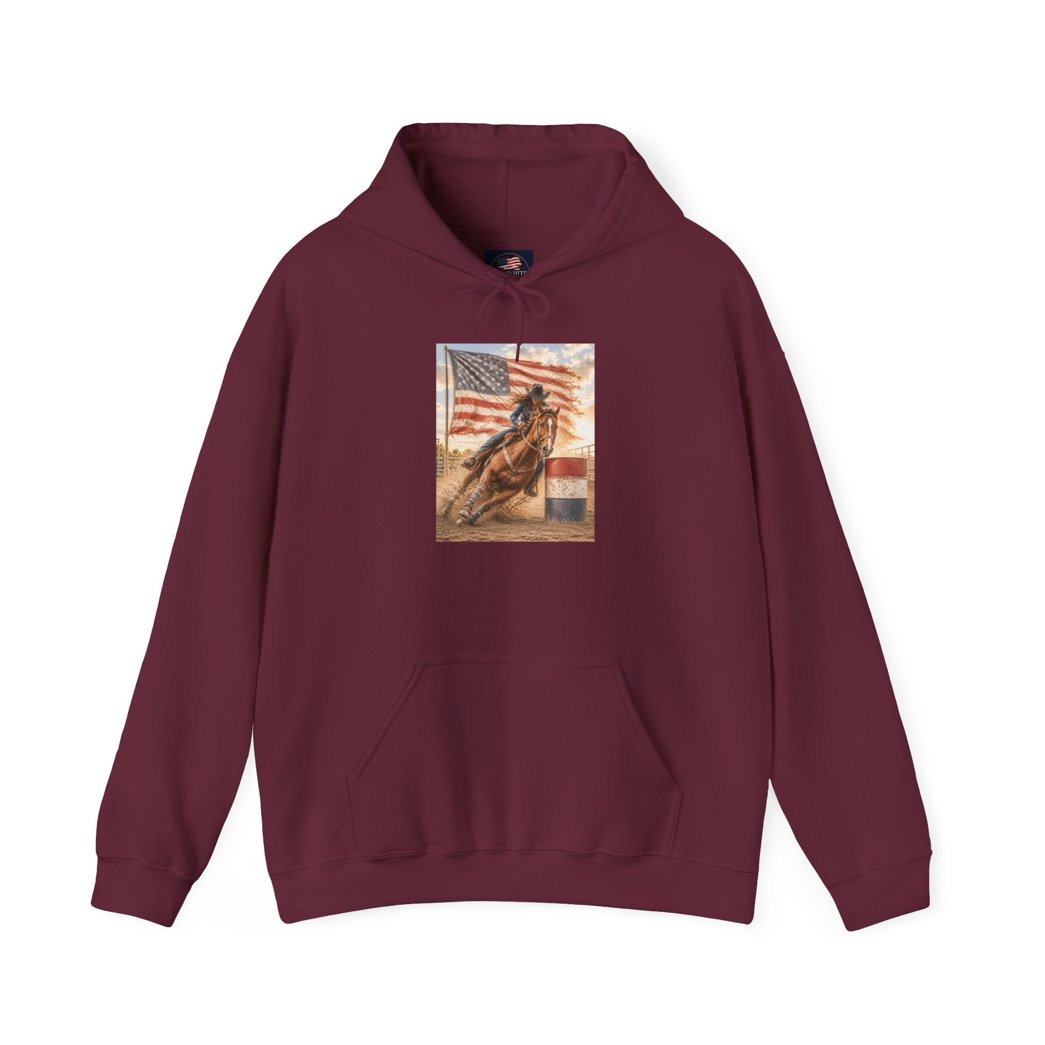 Patriotic Rodeo Horse Hoodie – American Flag Cowboy Pulled by Horse Pullover