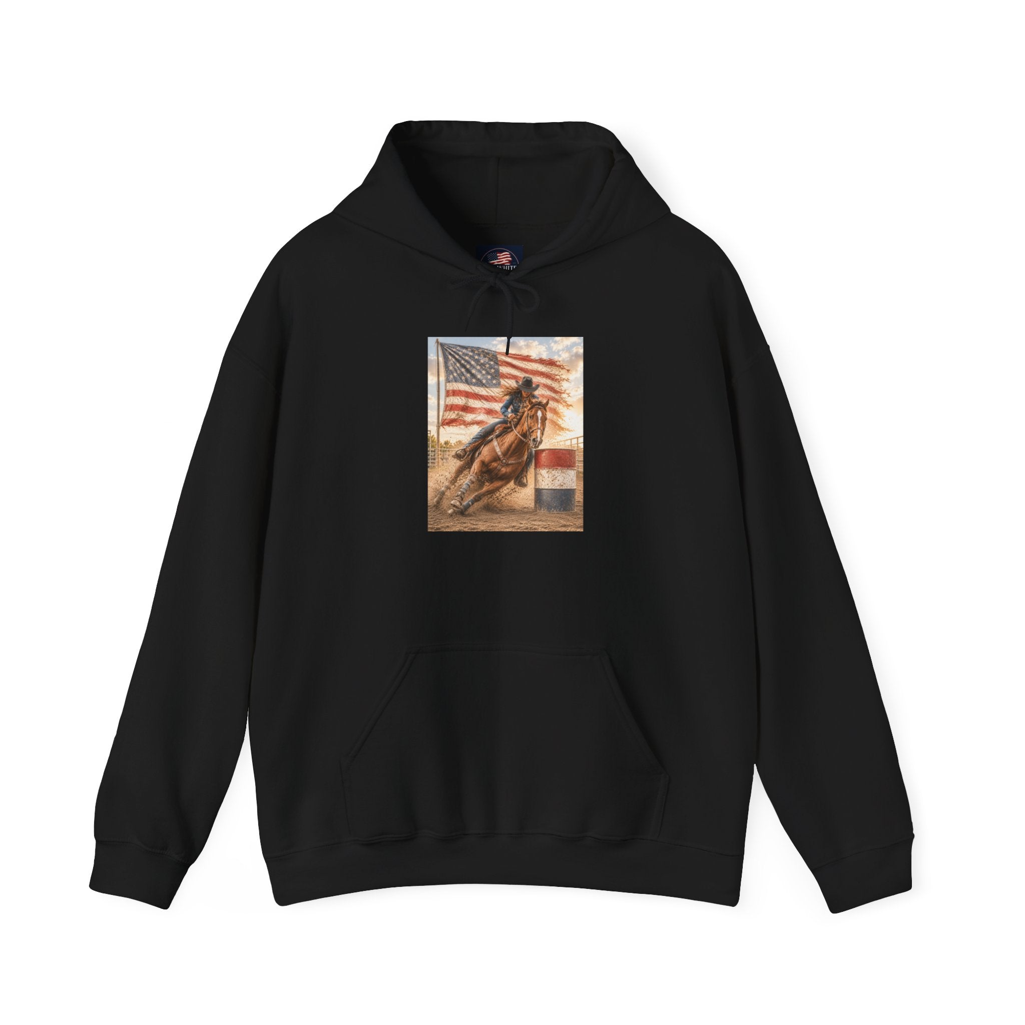 Patriotic Rodeo Horse Hoodie – American Flag Cowboy Pulled by Horse Pullover