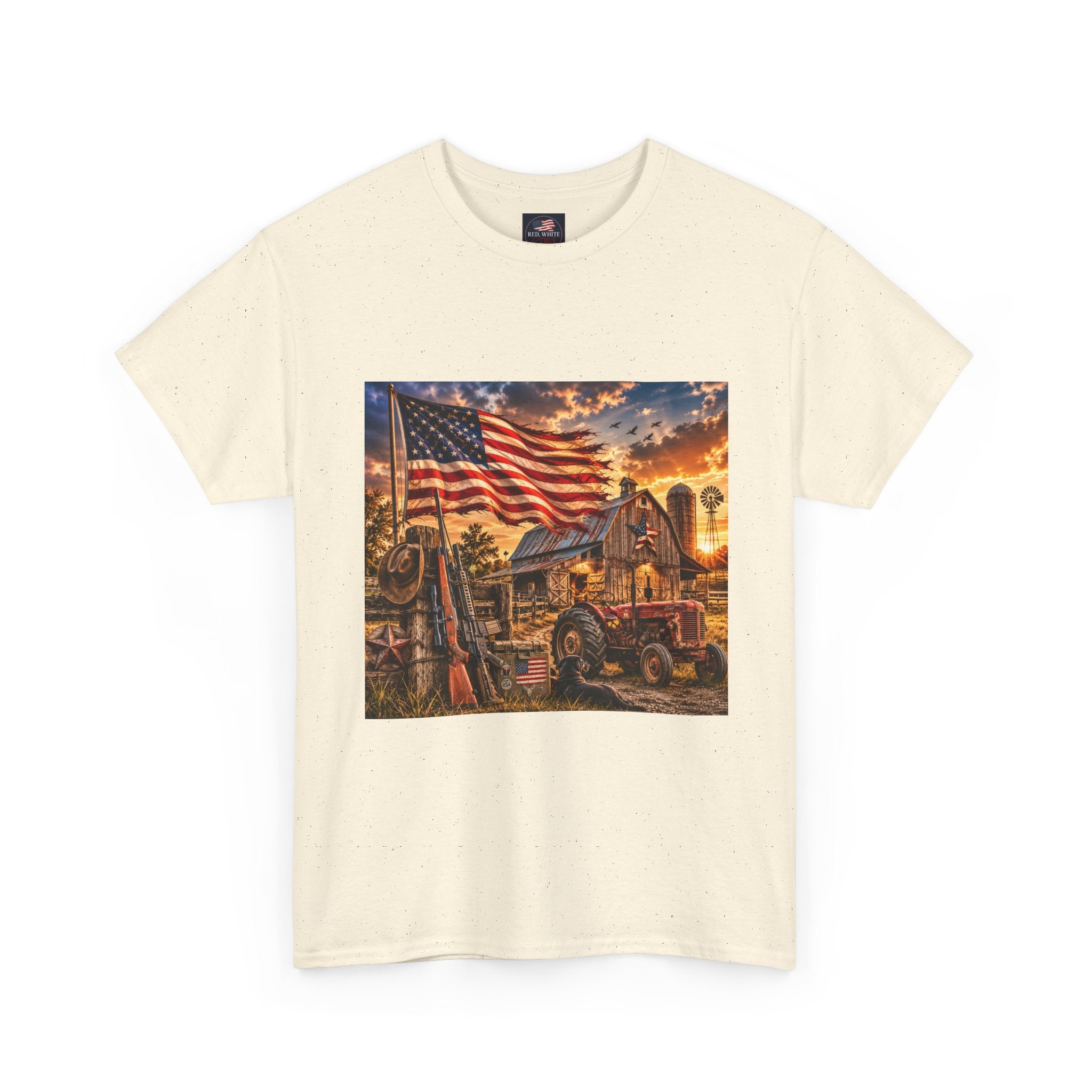 American Farm Sunset T-Shirt – Vintage Truck & Flag Rustic Patriotic Tee