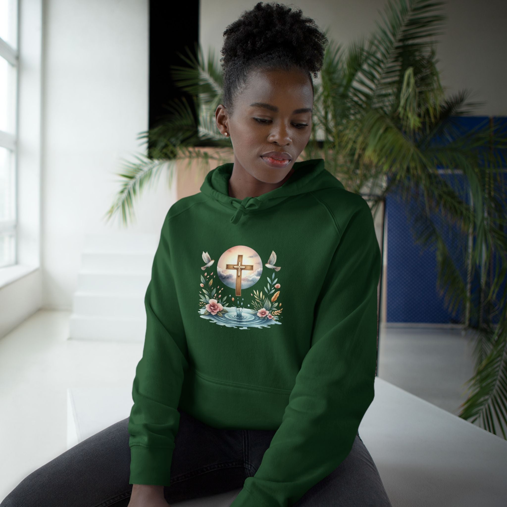Christian Cross Floral Hoodie – Faith, Doves & Water Illustration