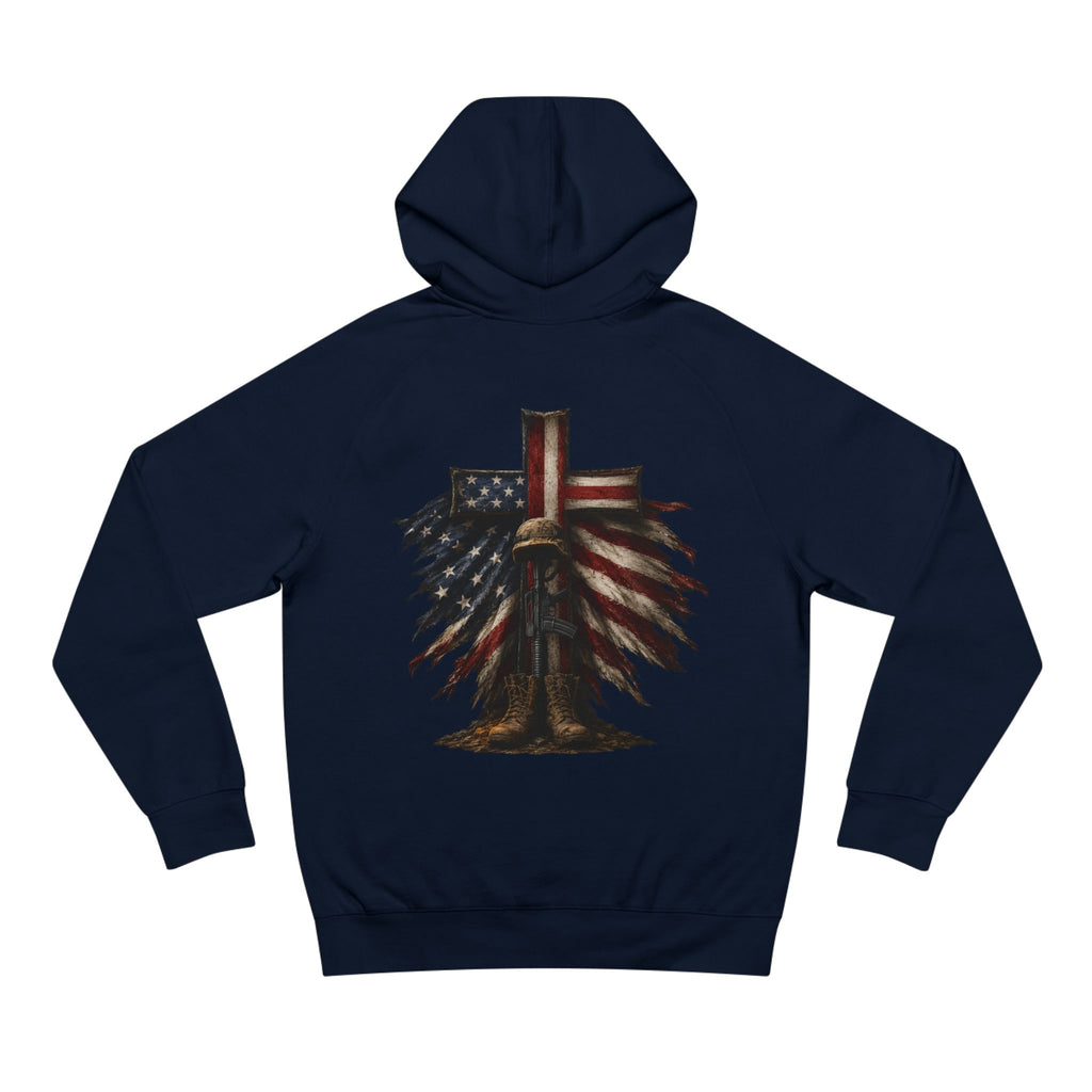 American Flag Cross Hoodie — Patriotic Skull & Wings Back Graphic