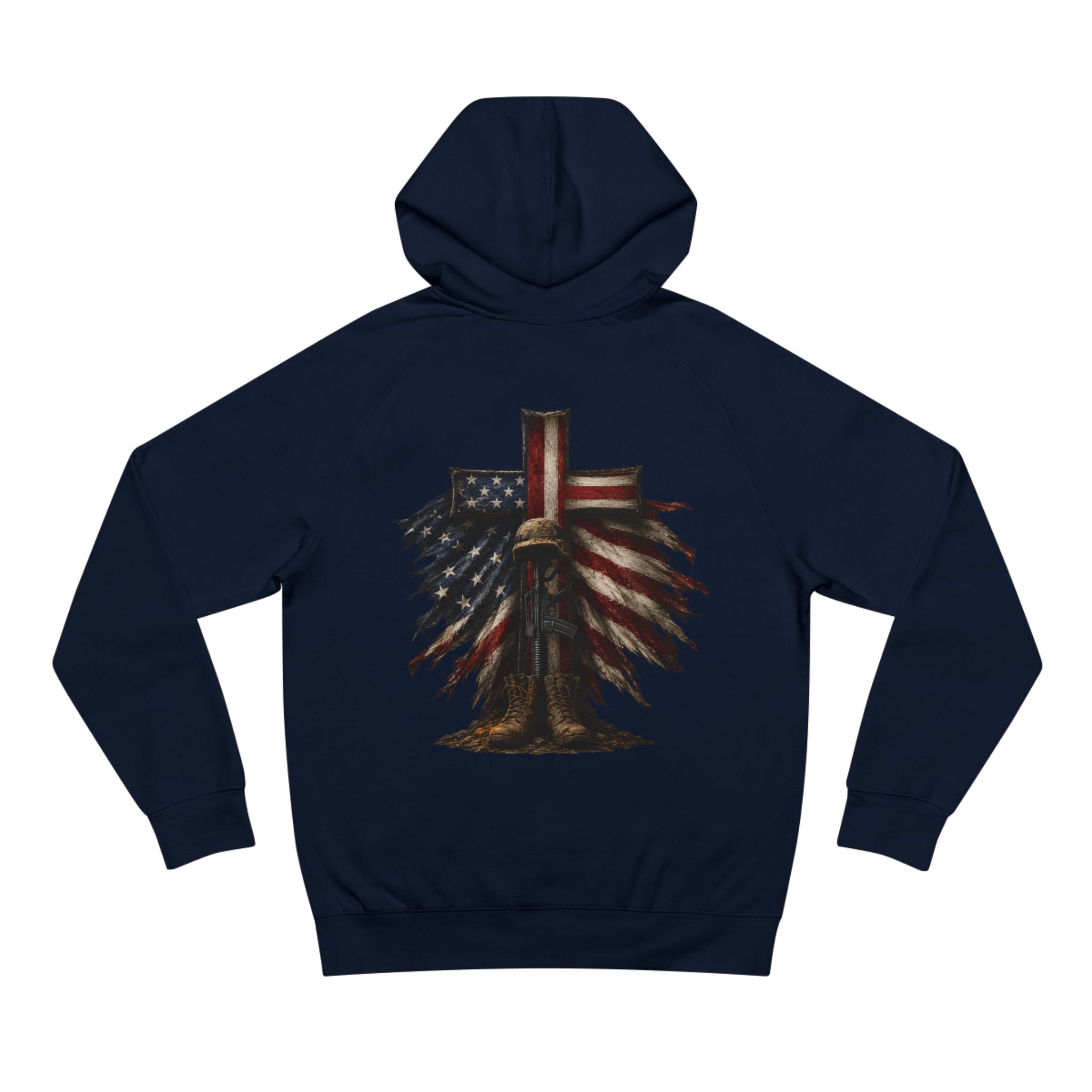 American Flag Cross Hoodie — Patriotic Skull & Wings Back Graphic