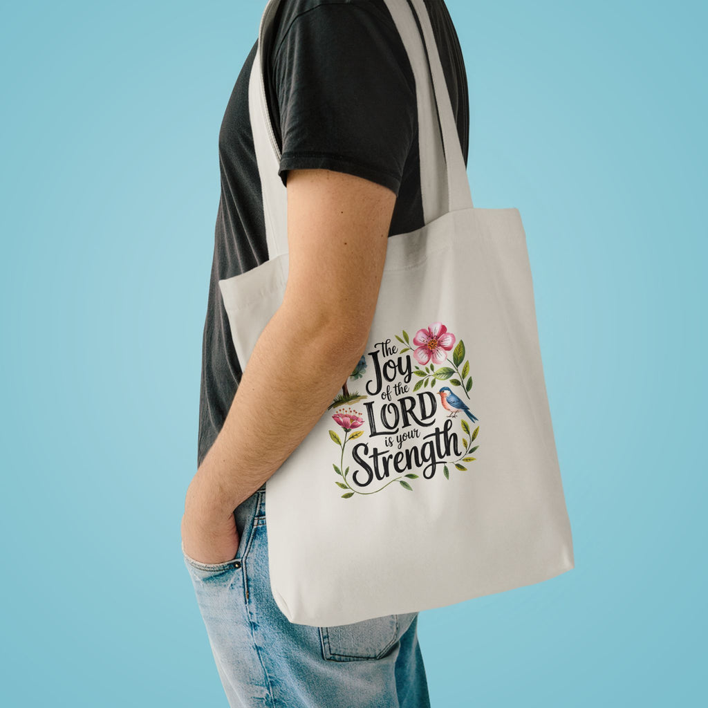Floral Scripture Tote Bag — "The Joy of the Lord Is Your Strength" Cotton Shopper