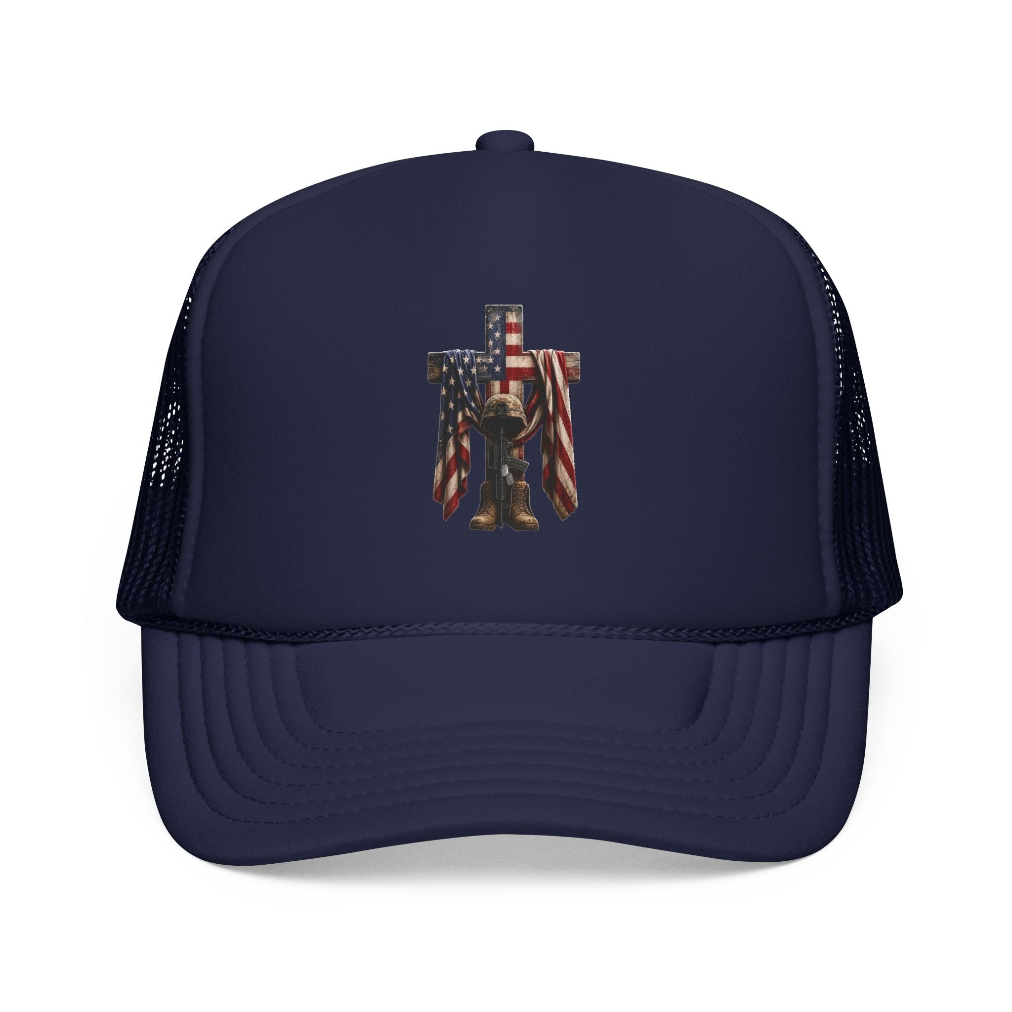 Trucker Hat — American Flag Cross with Soldier Memorial Design