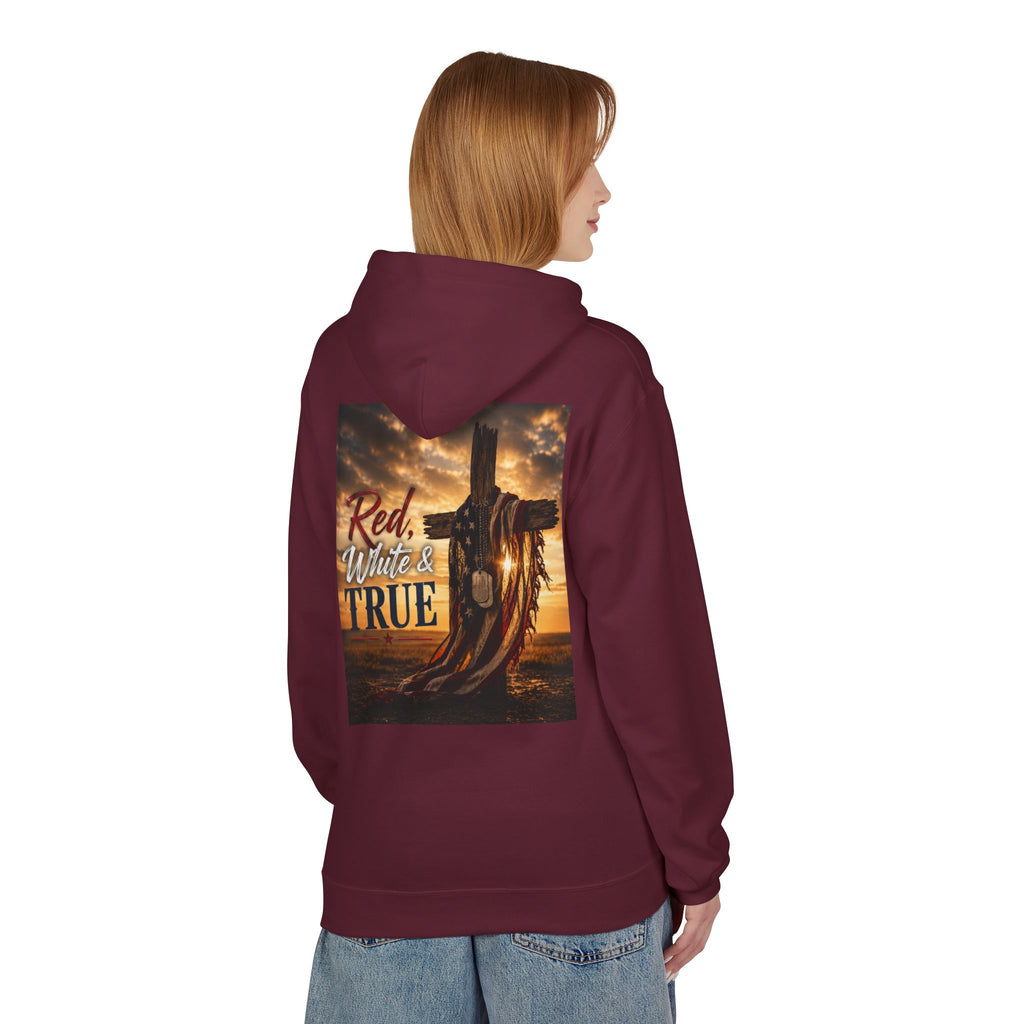 Red White & True Hoodie — Patriotic Cross Sunset Pullover