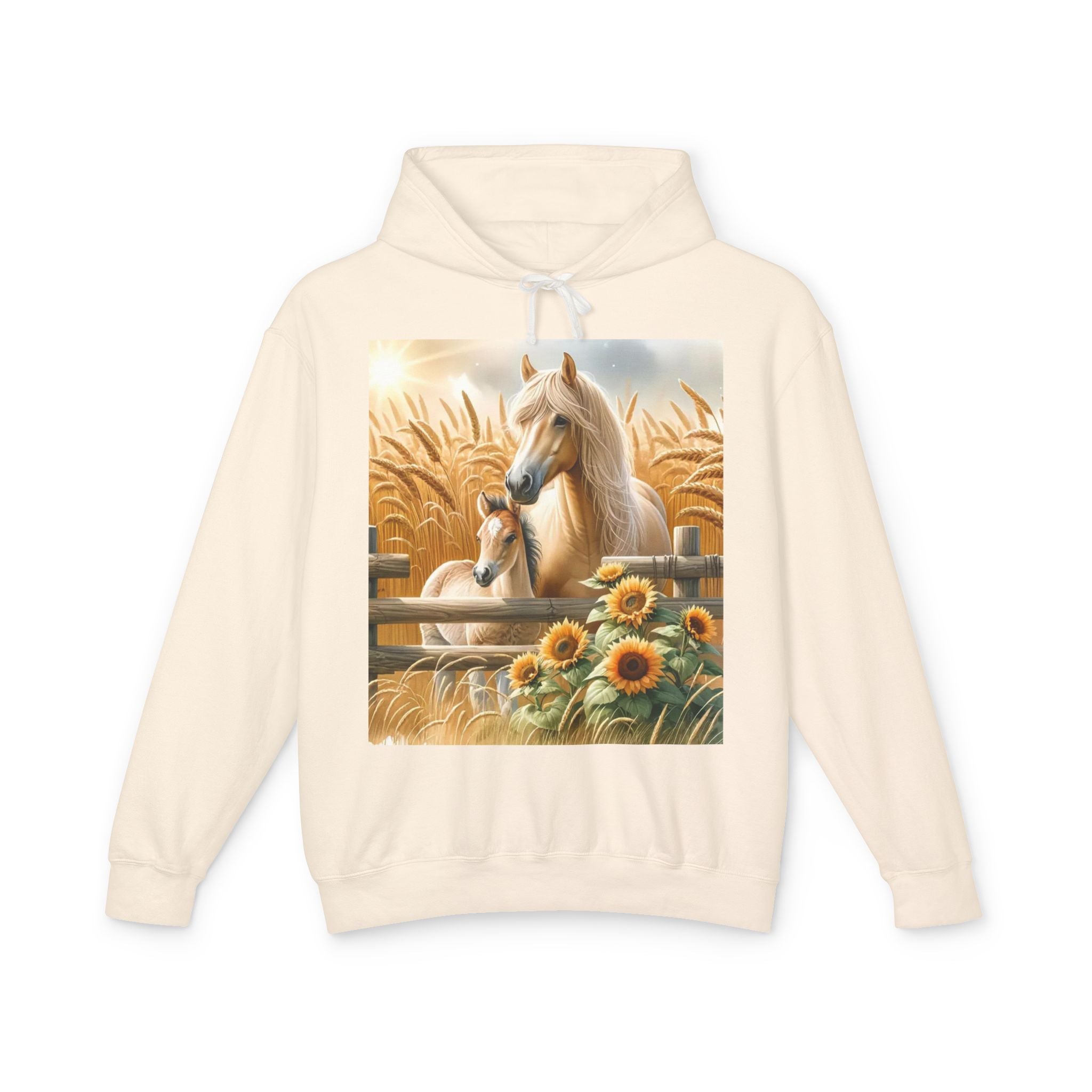 Horse & Foal Sunflower Hoodie — Pastel Farm Animal Sweatshirt