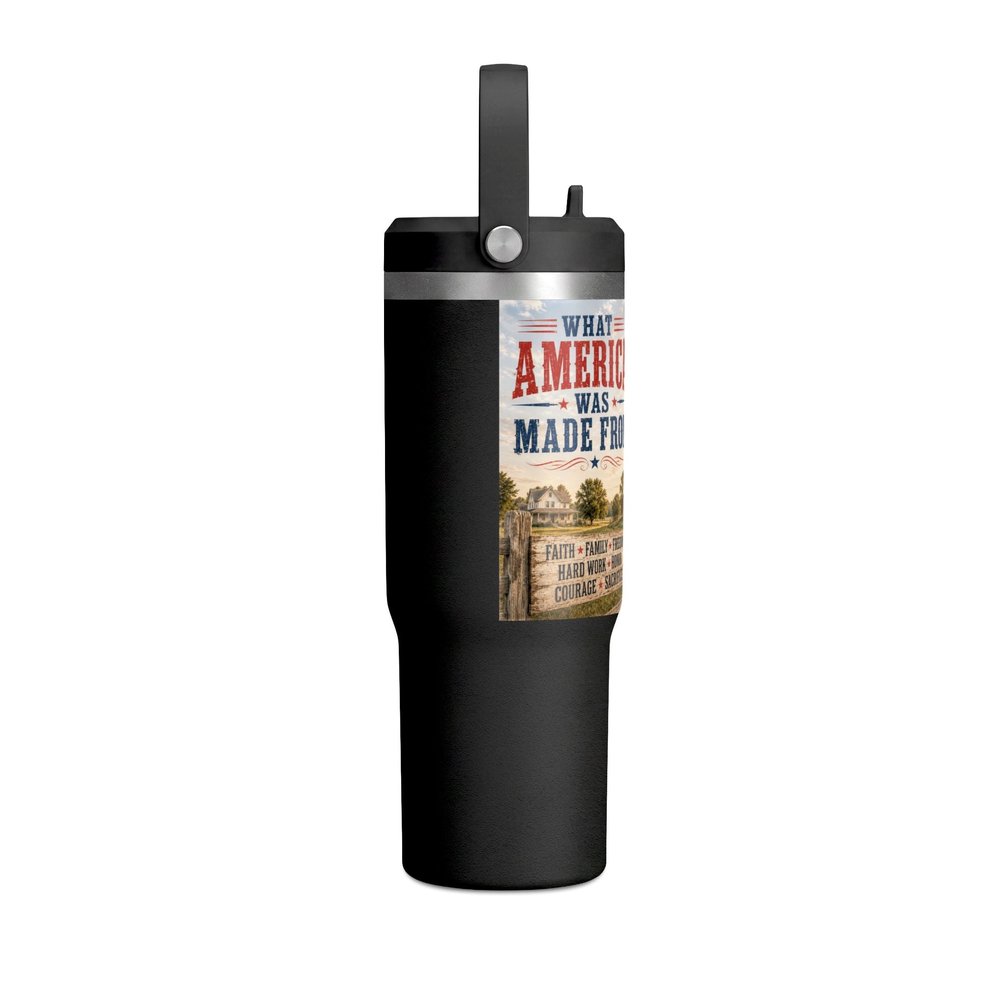 32oz Insulated Tumbler — Rustic 'What America Was Made From' Farm Flag Design