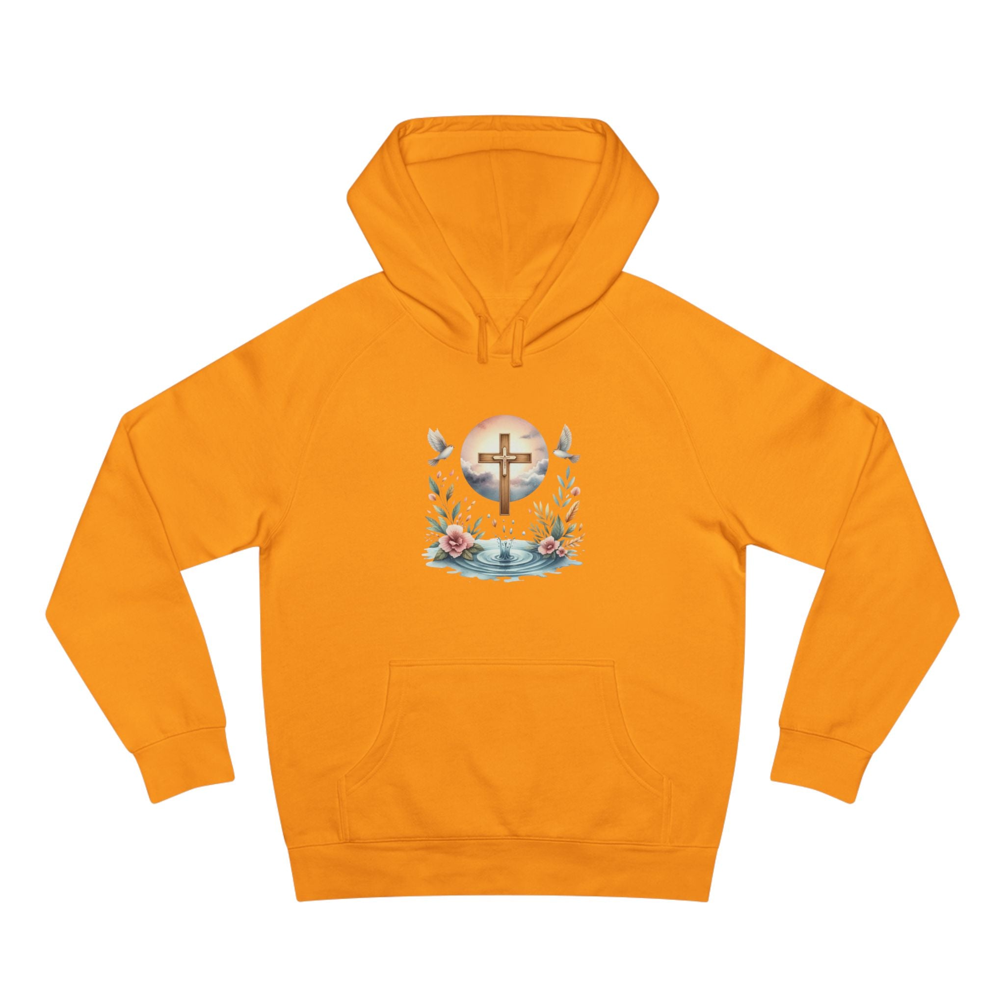 Christian Cross Floral Hoodie – Faith, Doves & Water Illustration