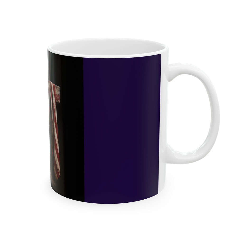 Military Tribute Ceramic Mug — Fallen Soldier Helmet, Boots & American Flag Memorial (11oz/15oz)