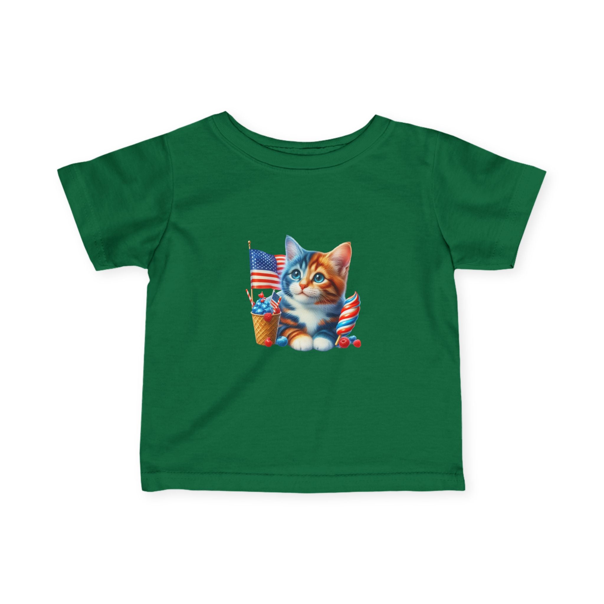 Infant Tee — Patriotic Kitten with Flags & Ice Cream (4th of July Baby Shirt)