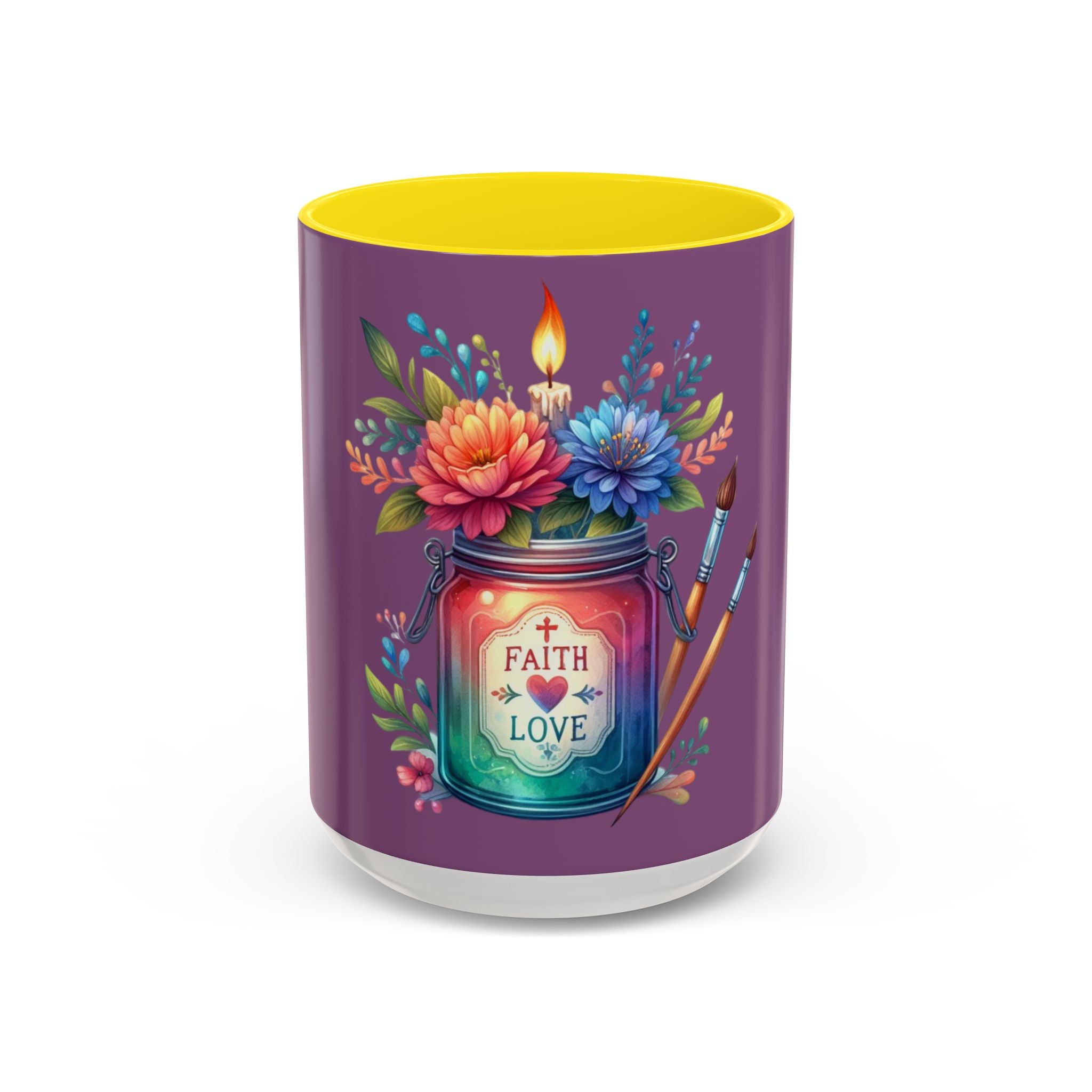 Faith & Love Floral Accent Coffee Mug — Colorful Candle Jar Design (11/15oz)