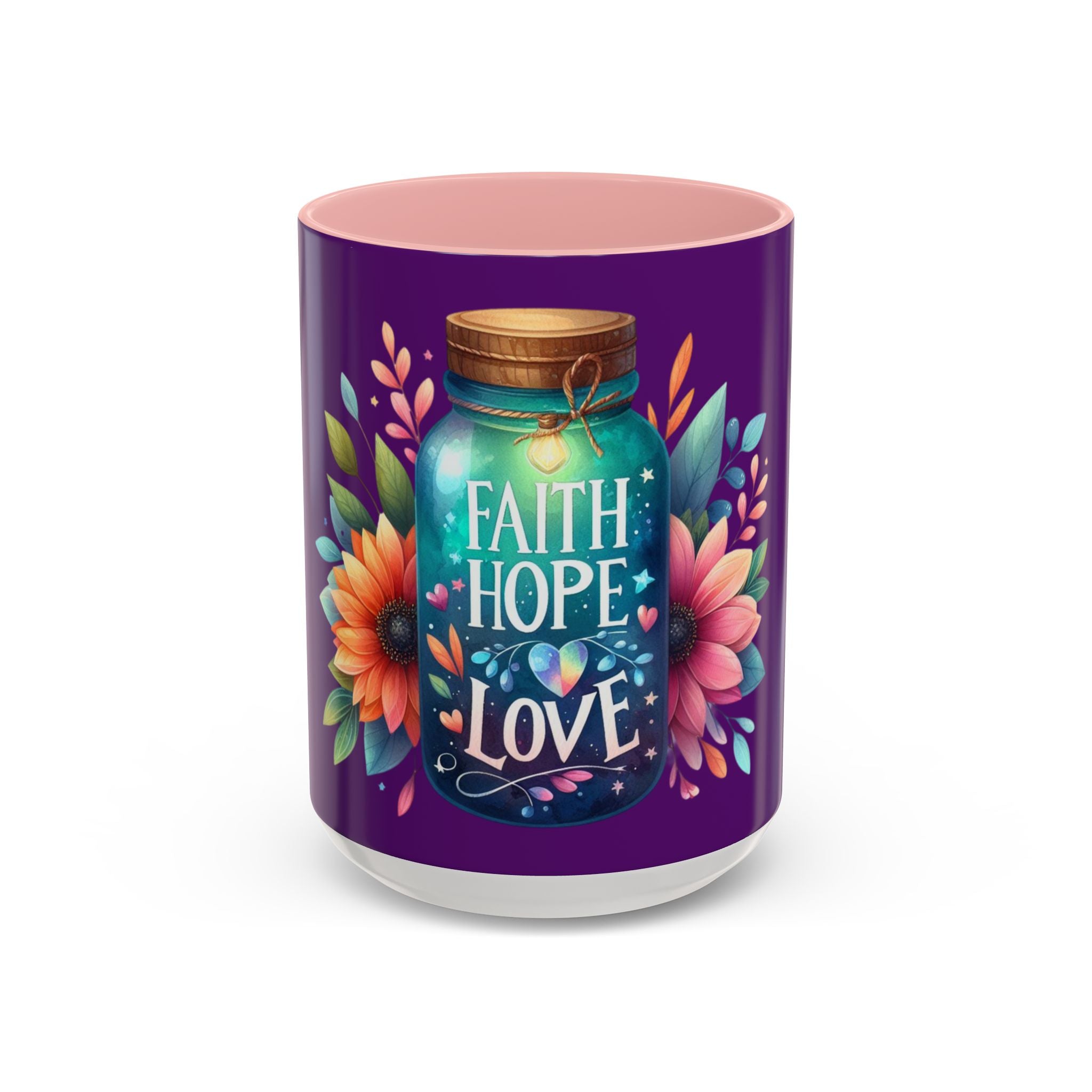 Faith Hope Love Accent Coffee Mug — Floral Jar Design (11/15 oz)