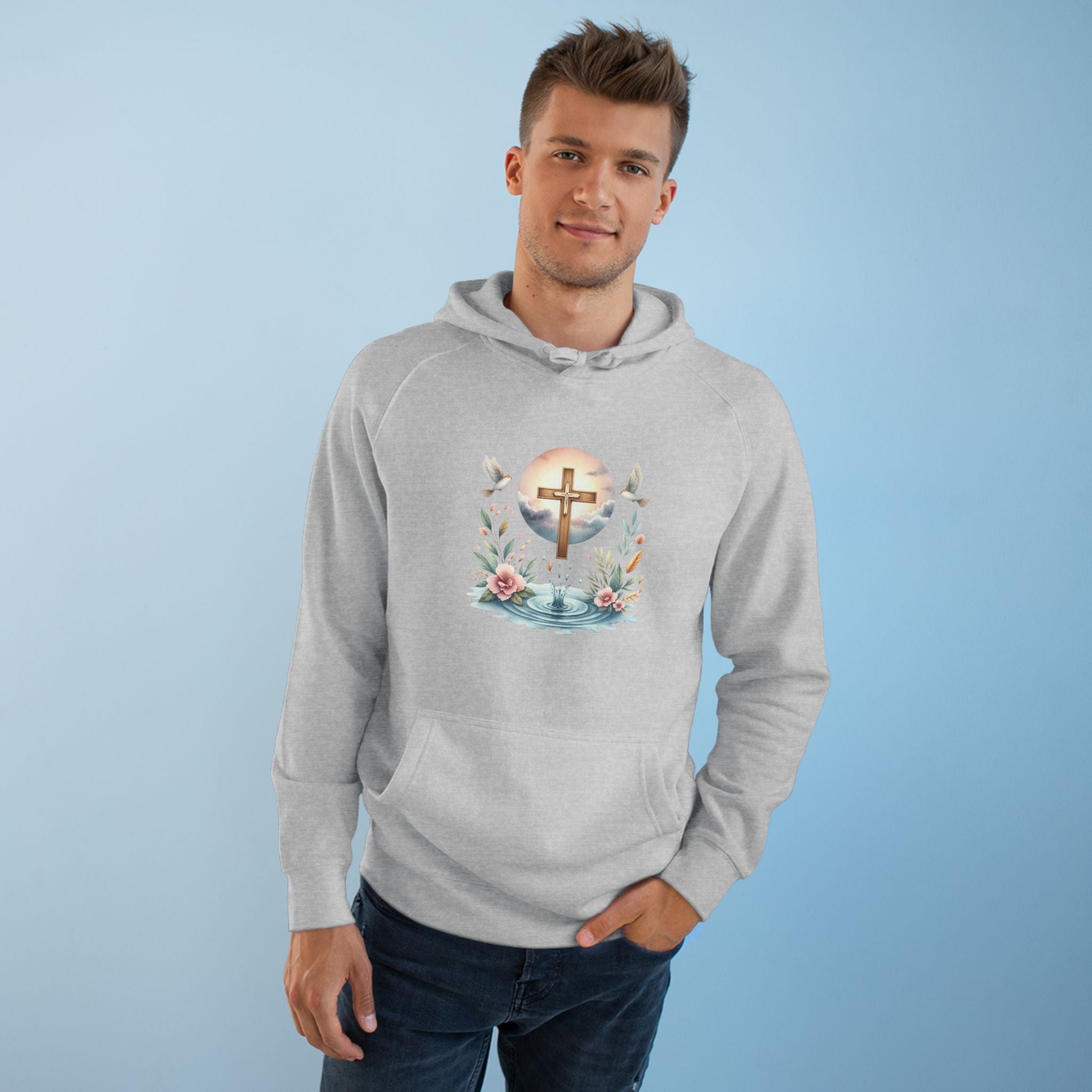 Christian Cross Floral Hoodie – Faith, Doves & Water Illustration
