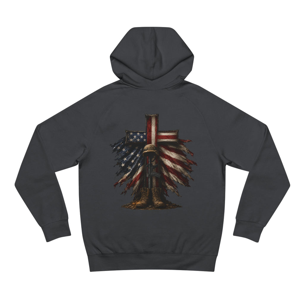 American Flag Cross Hoodie — Patriotic Skull & Wings Back Graphic