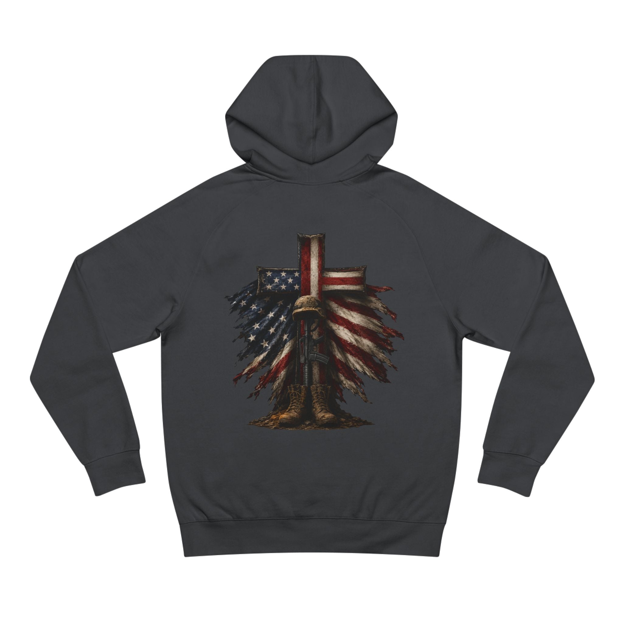 American Flag Cross Hoodie — Patriotic Skull & Wings Back Graphic