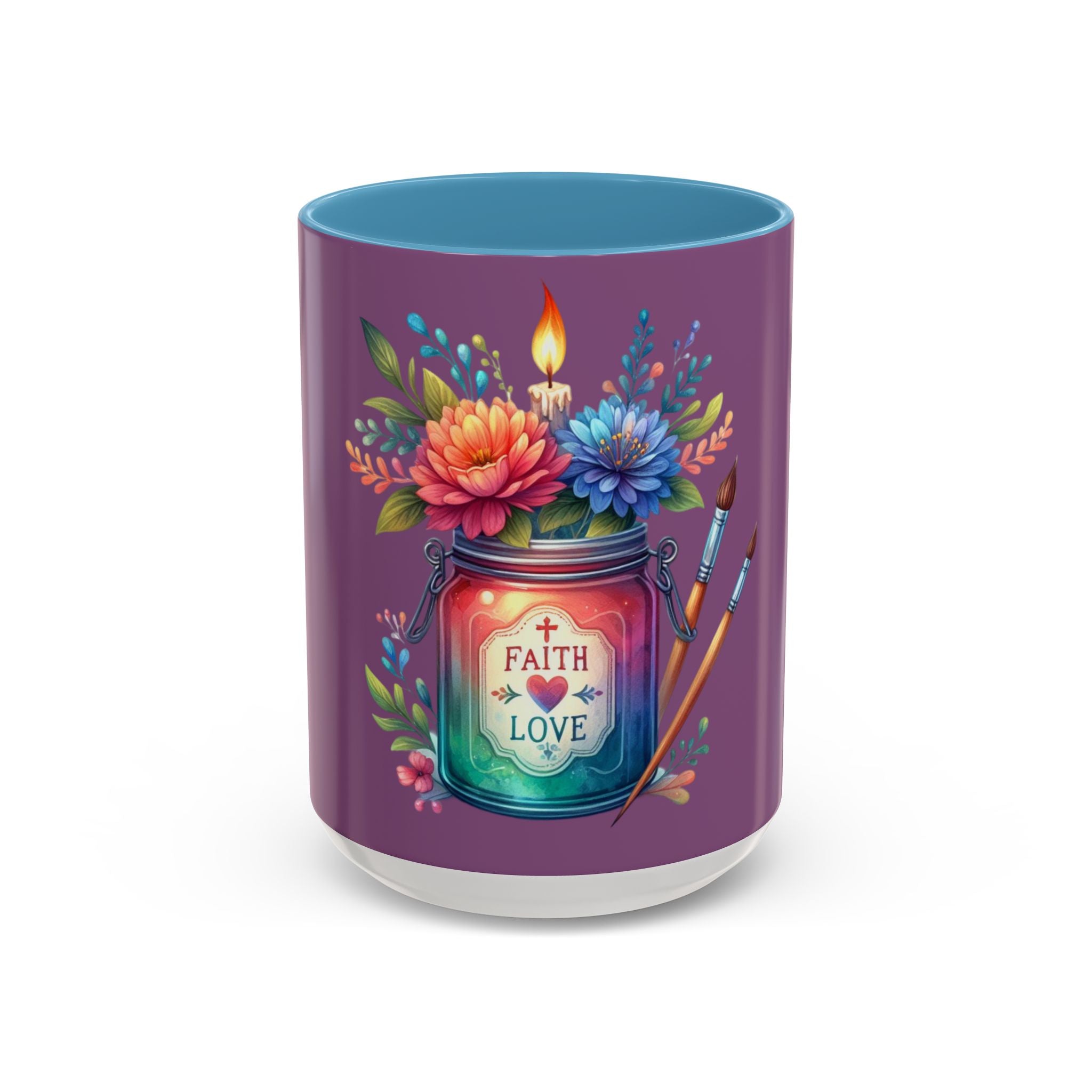 Faith & Love Floral Accent Coffee Mug — Colorful Candle Jar Design (11/15oz)
