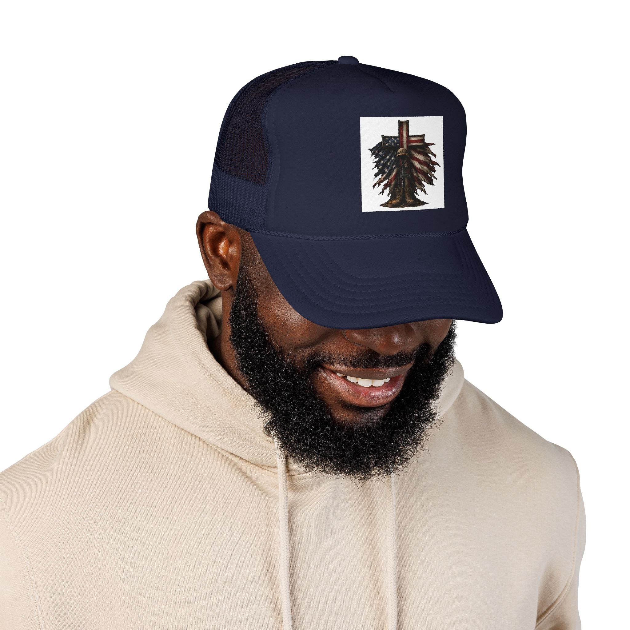 Patriotic Cross Trucker Hat — American Flag Feather Cross Foam Cap