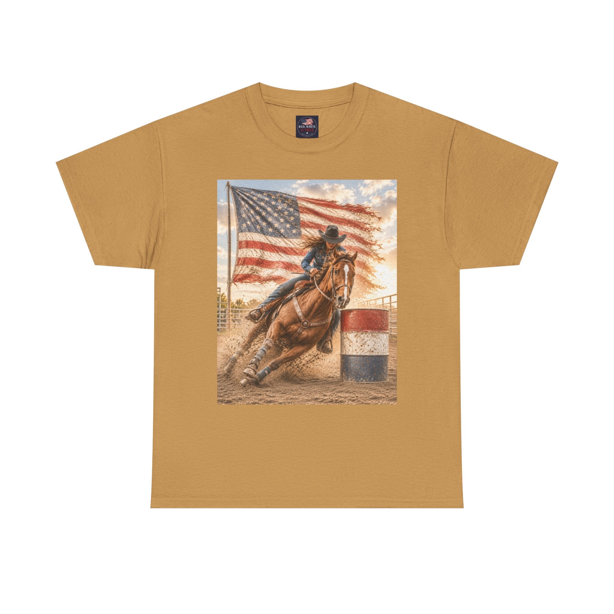 Patriotic Rodeo Barrel Racer T-Shirt — American Flag Horse Racing Tee