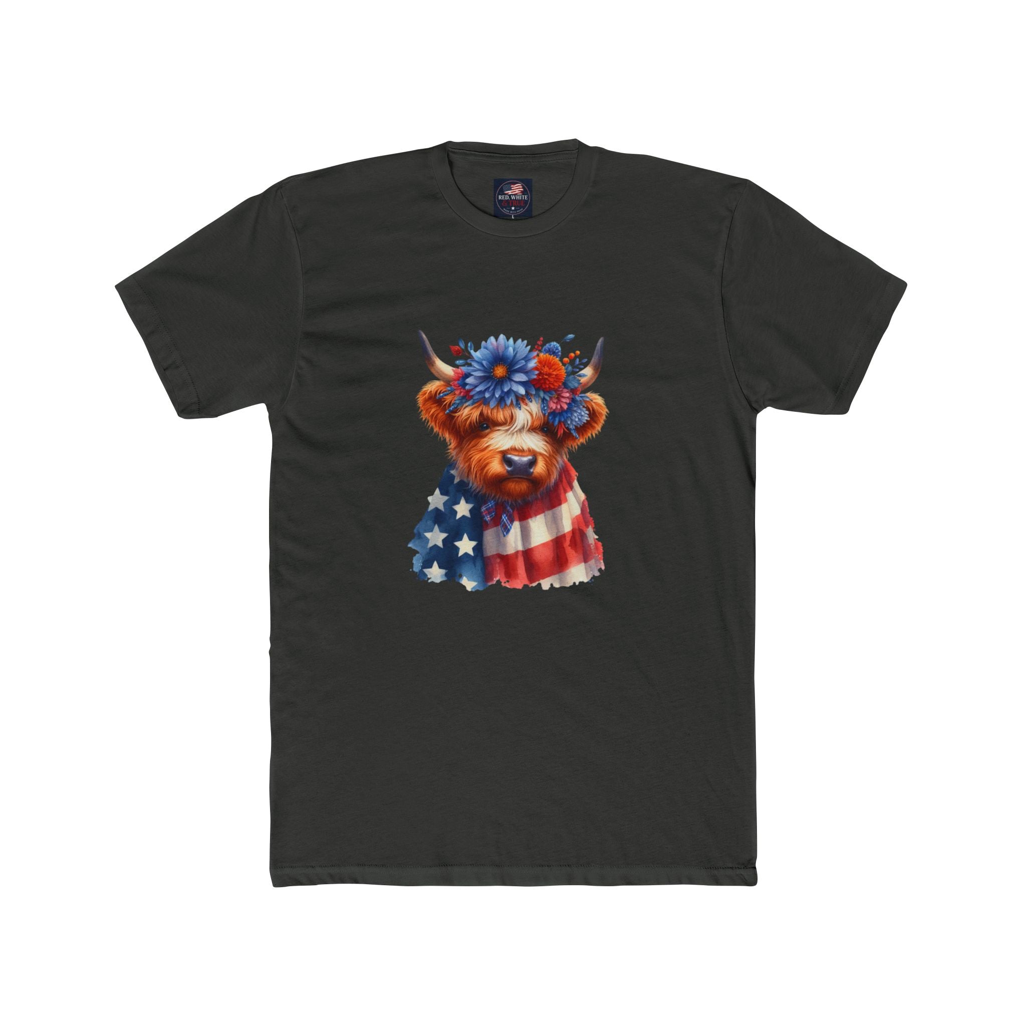 Patriotic Highland Cow T‑Shirt – American Flag & Floral Cow Graphic