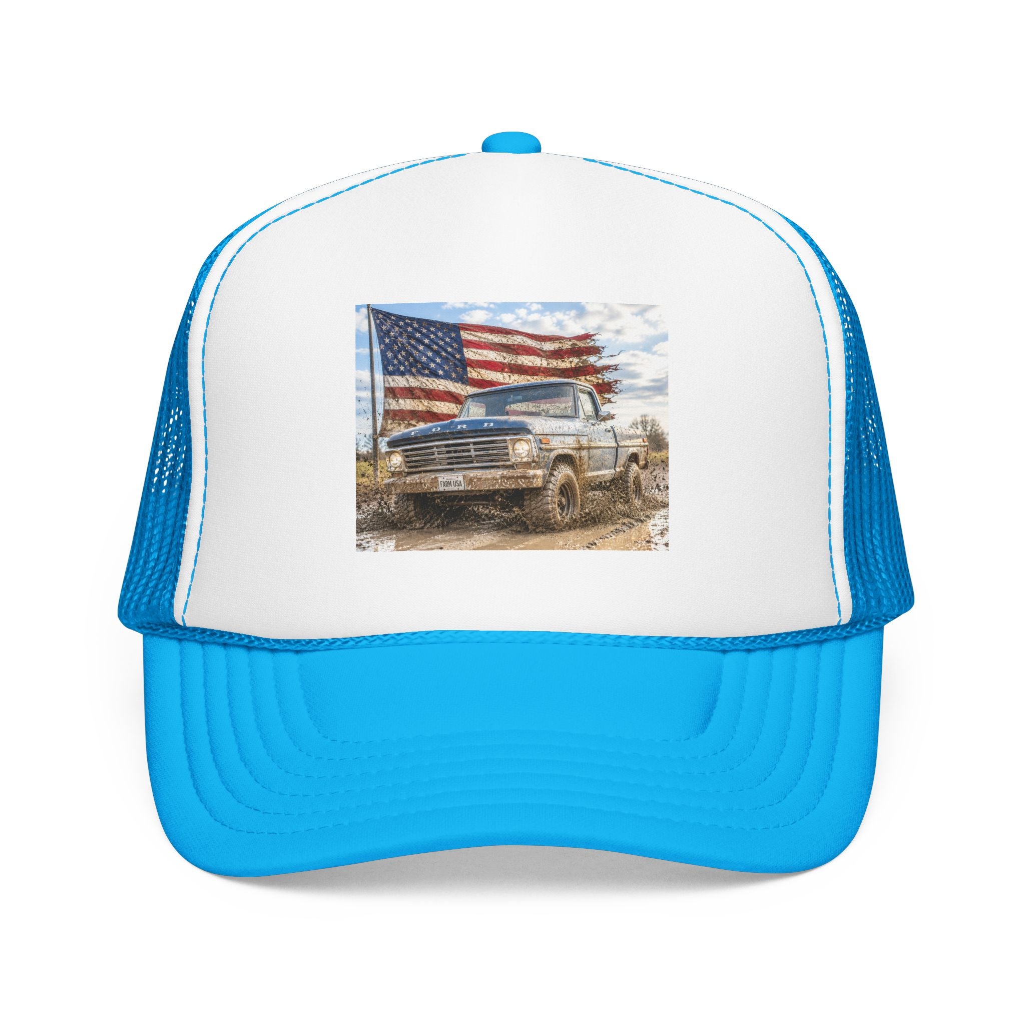 Patriotic Mud Truck Trucker Hat — American Flag Off-Road Foam Cap