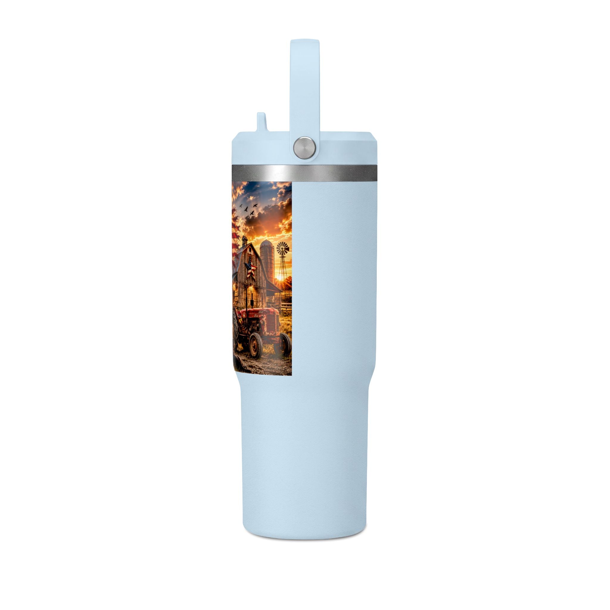 32oz Nomad Tumbler — Patriotic American Flag & Rustic Farm Scene Insulated Travel Mug