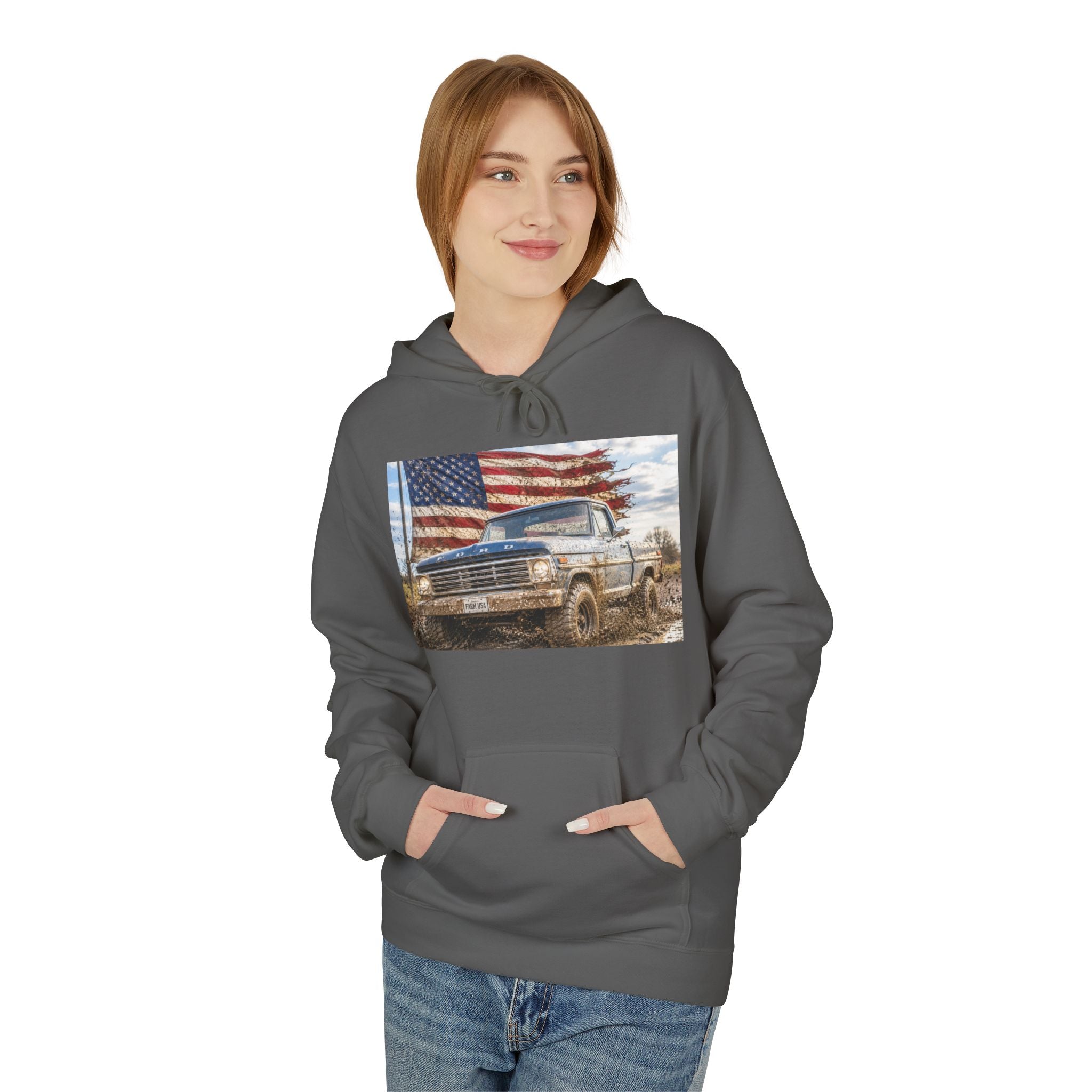 American Flag Vintage Truck Hoodie — Patriotic USA Pickup Sweatshirt