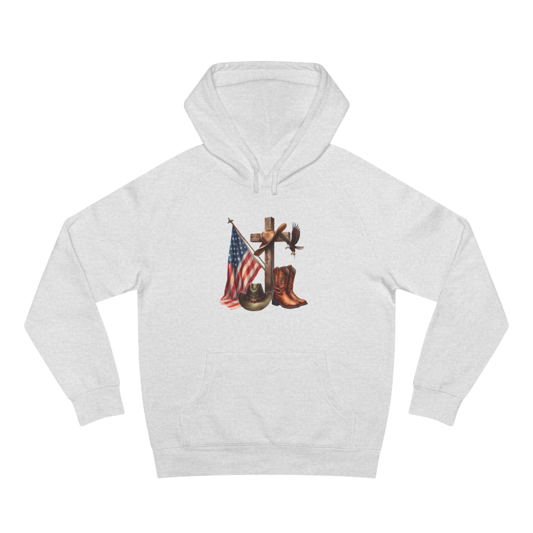 Patriotic Western Hoodie – American Flag, Cowboy Boots & Cross Graphic