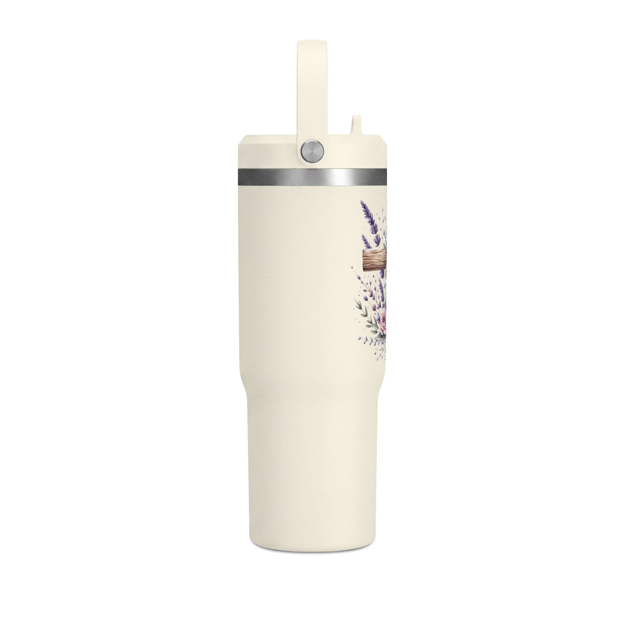 32oz Tumbler with Floral Cross Design — Christian Hydration Bottle | Lavender & Rose Nomad Tumbler