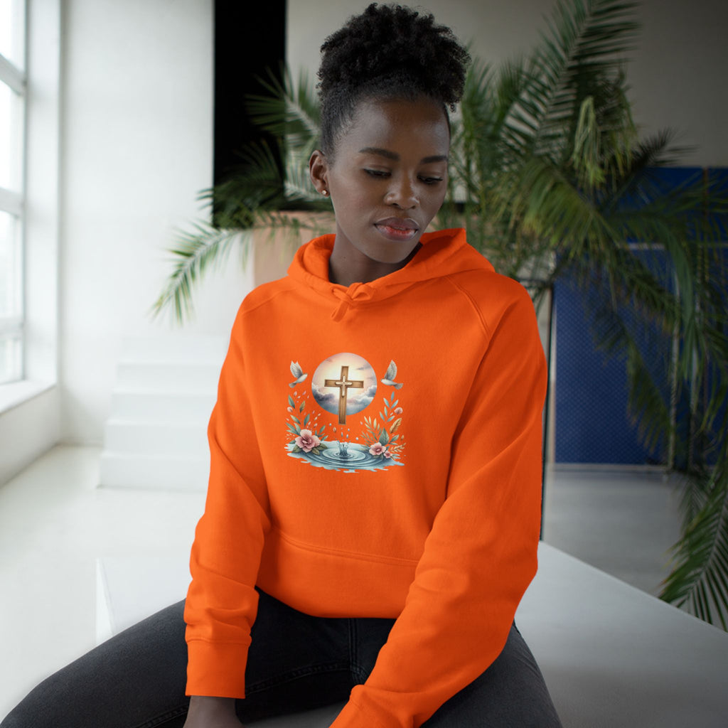 Christian Cross Floral Hoodie – Faith, Doves & Water Illustration