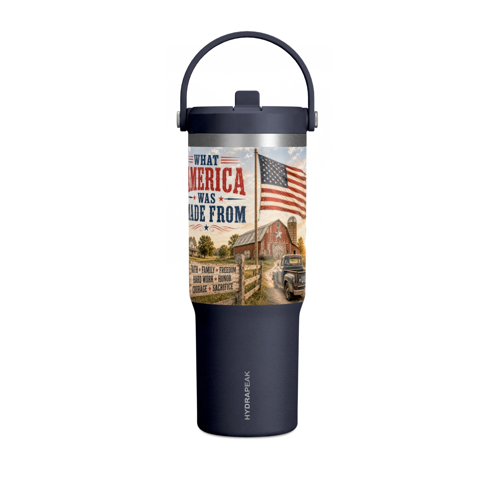 32oz Insulated Tumbler — Rustic 'What America Was Made From' Farm Flag Design