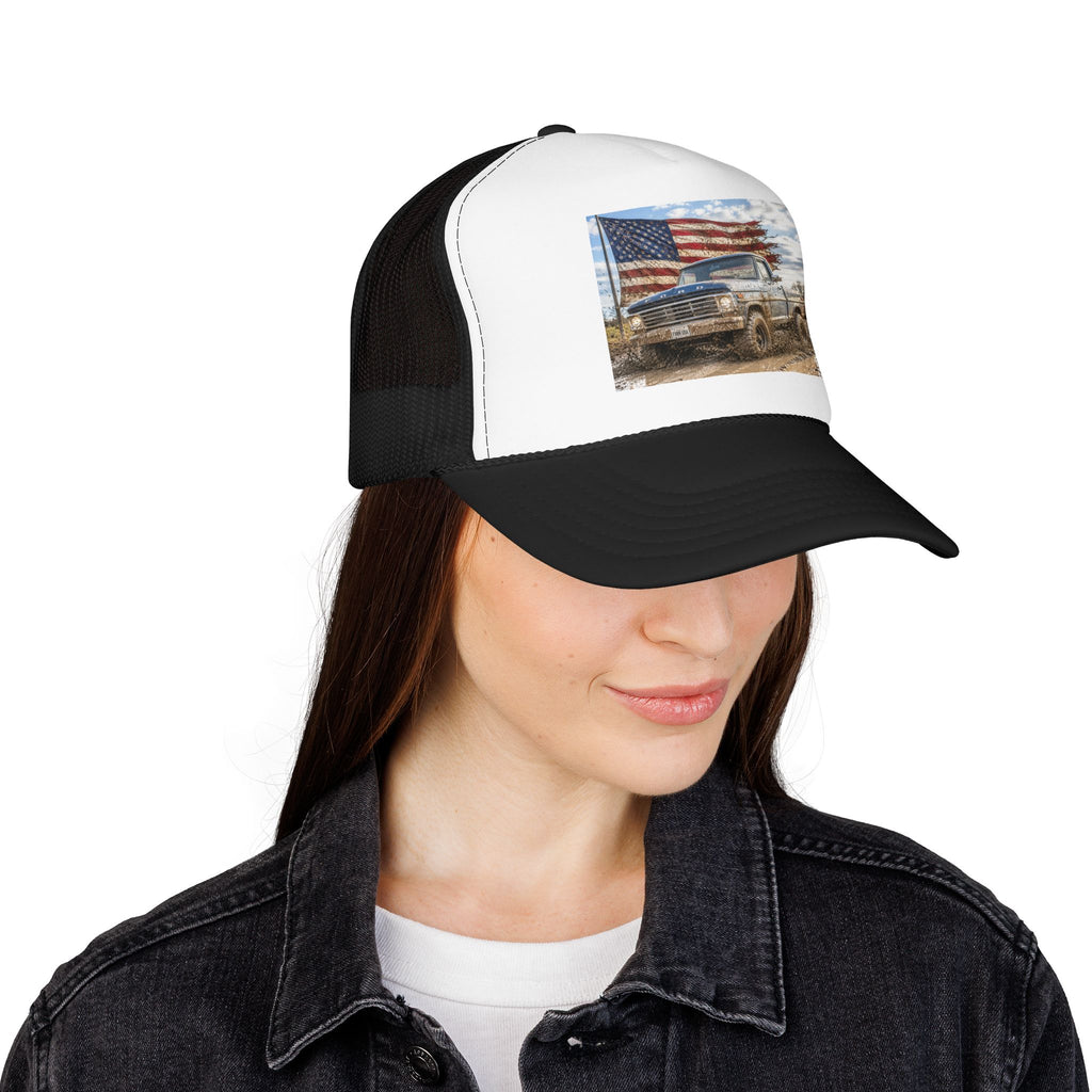 Patriotic Mud Truck Trucker Hat — American Flag Off-Road Foam Cap
