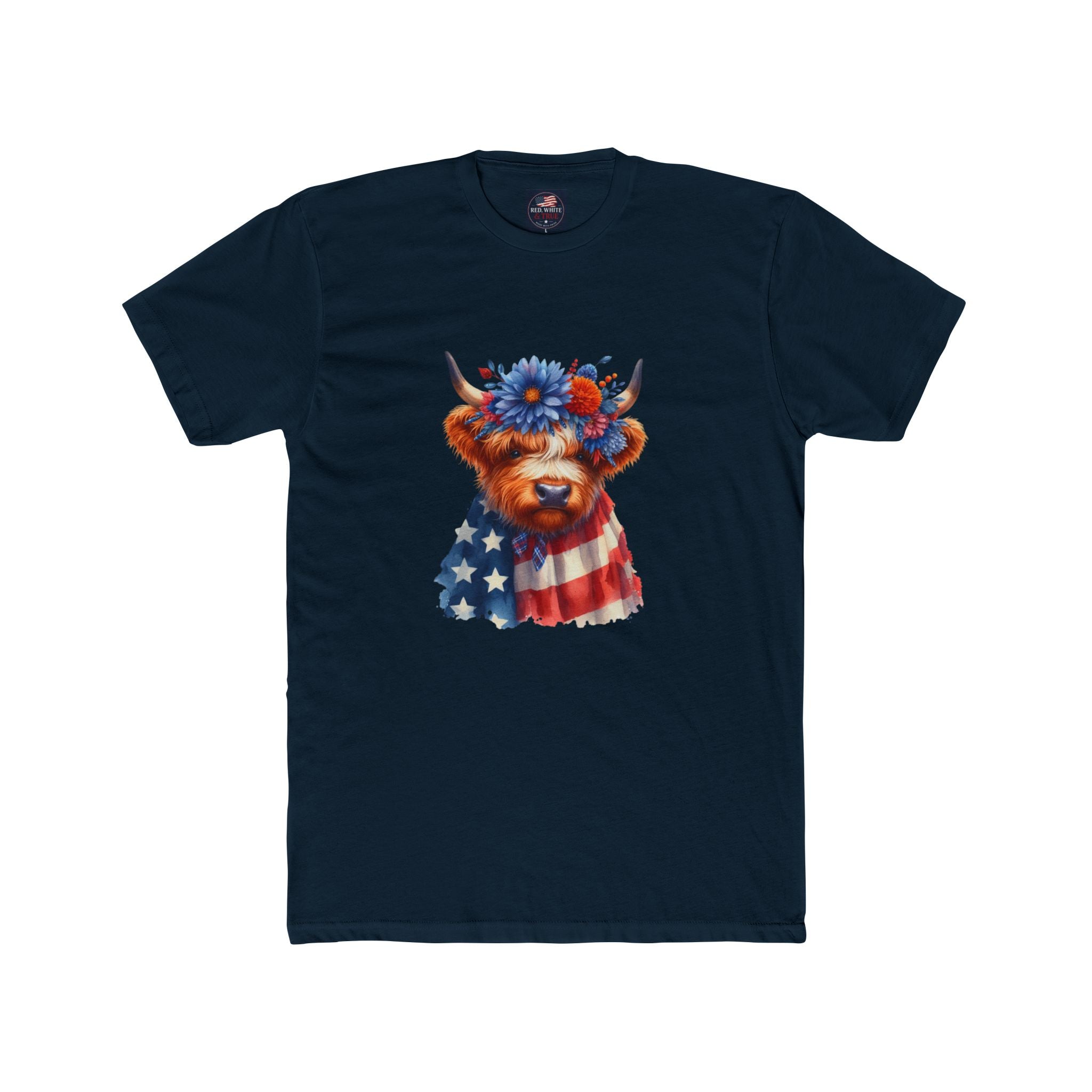 Patriotic Highland Cow T‑Shirt – American Flag & Floral Cow Graphic