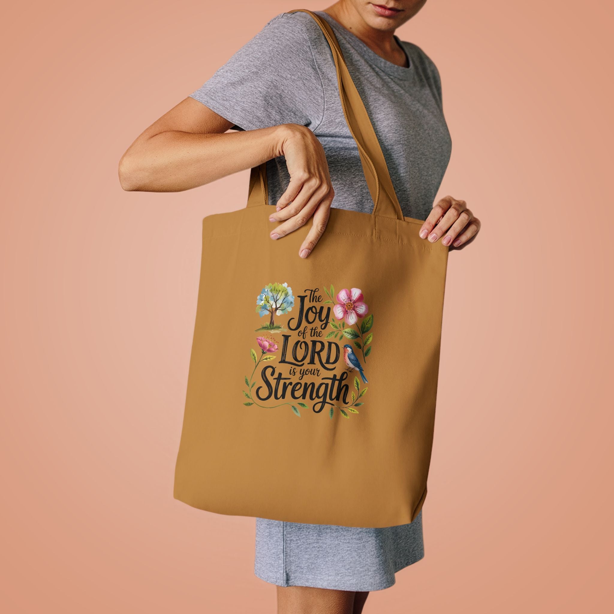 Floral Scripture Tote Bag — "The Joy of the Lord Is Your Strength" Cotton Shopper