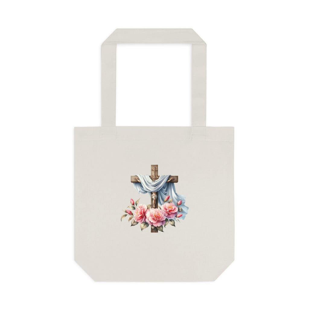 Religious Cross & Roses Cotton Tote Bag — Faith Floral Market Bag