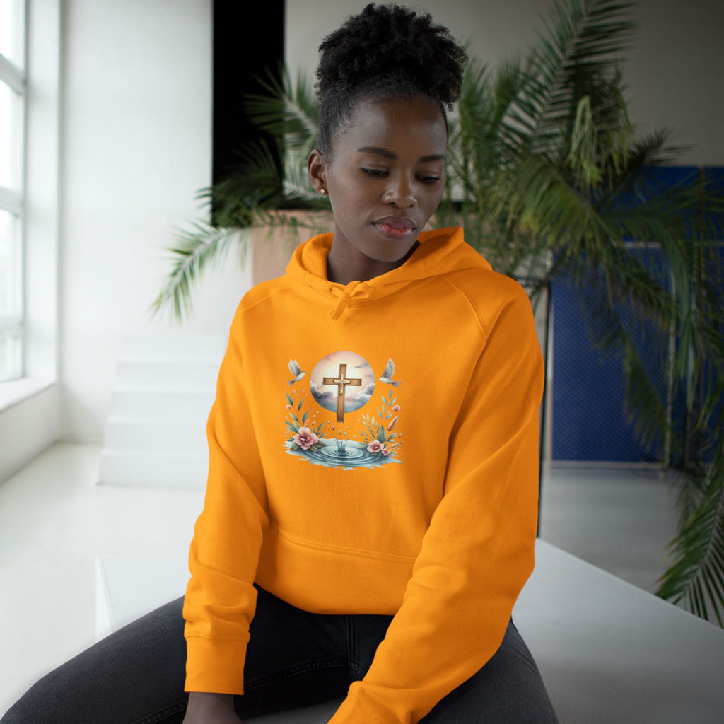 Christian Cross Floral Hoodie – Faith, Doves & Water Illustration