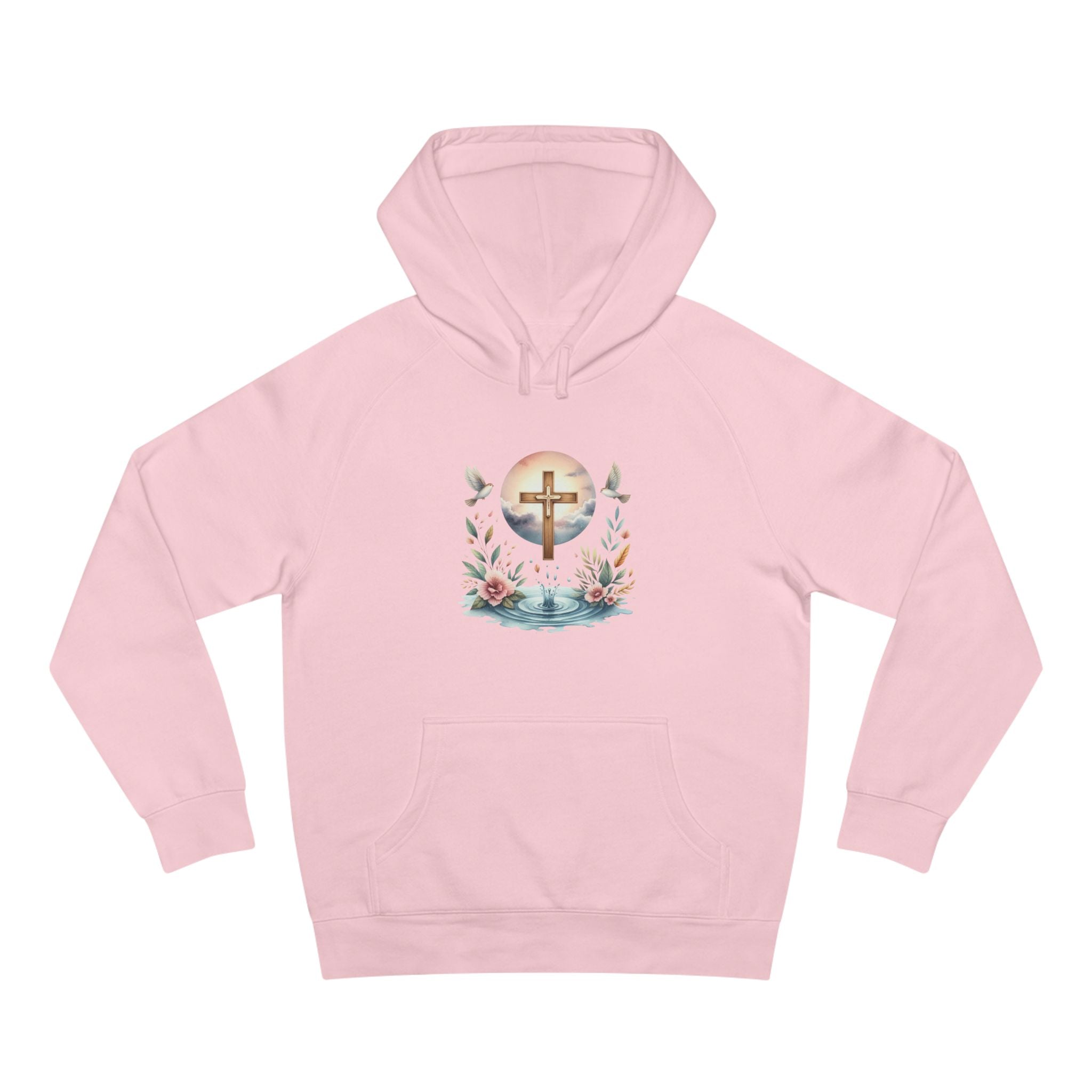 Christian Cross Floral Hoodie – Faith, Doves & Water Illustration