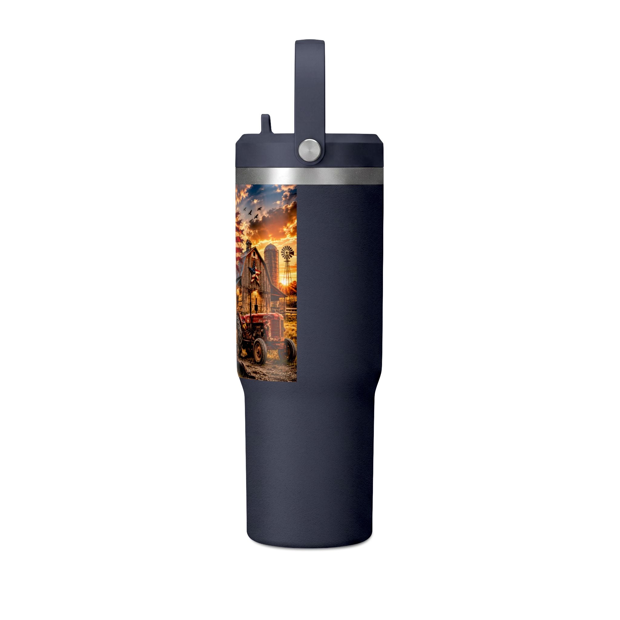 32oz Nomad Tumbler — Patriotic American Flag & Rustic Farm Scene Insulated Travel Mug
