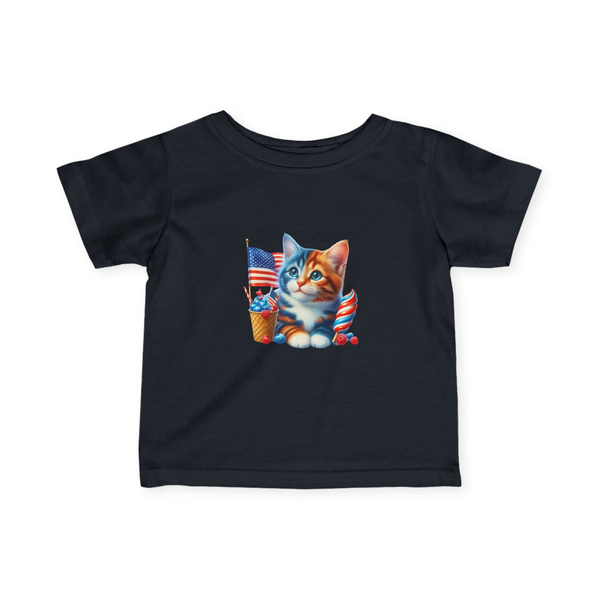Infant Tee — Patriotic Kitten with Flags & Ice Cream (4th of July Baby Shirt)