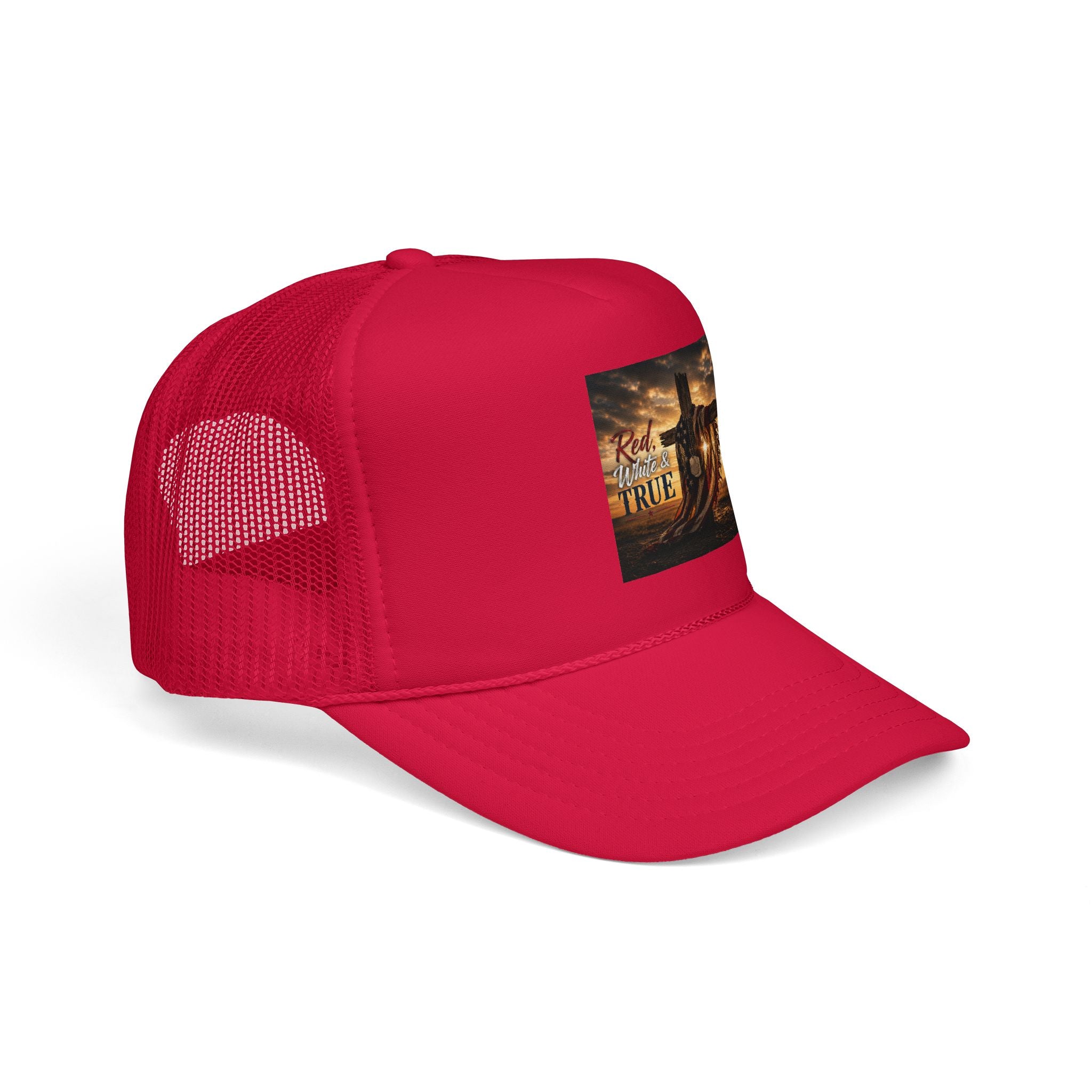 Trucker Hat — "God Made A Farmer" Cross Sunset Foam Trucker Hat