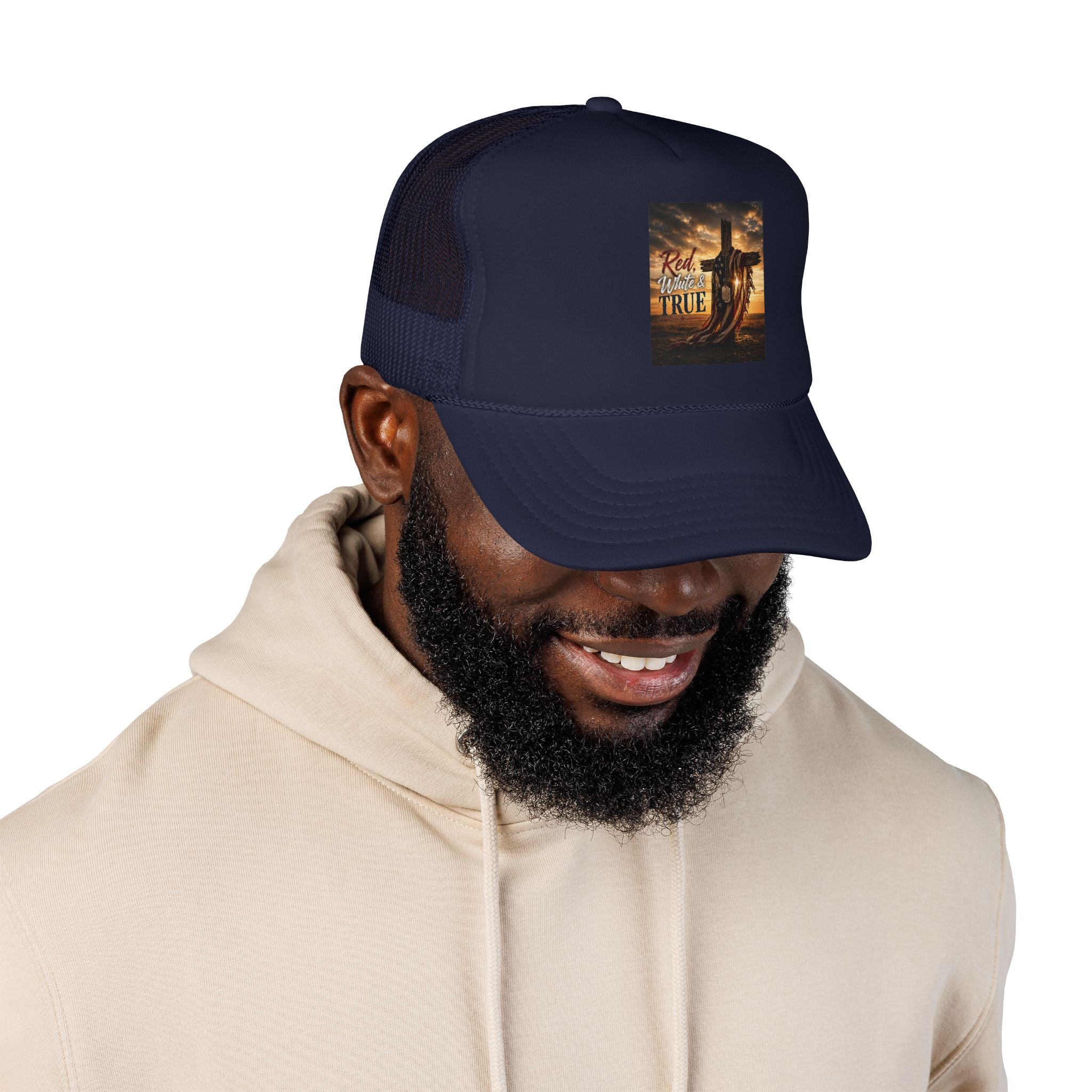 Trucker Hat — "God Made A Farmer" Cross Sunset Foam Trucker Hat