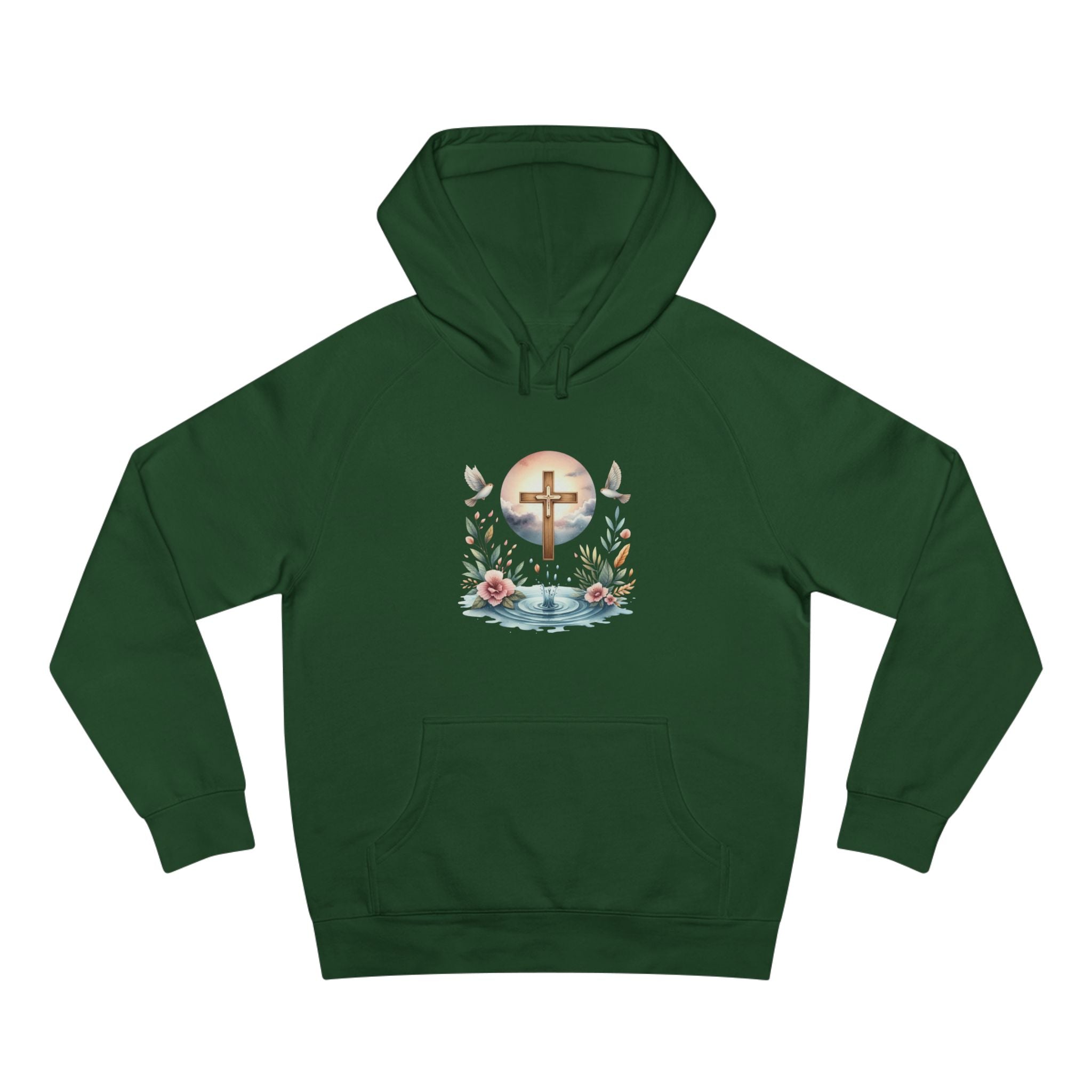 Christian Cross Floral Hoodie – Faith, Doves & Water Illustration