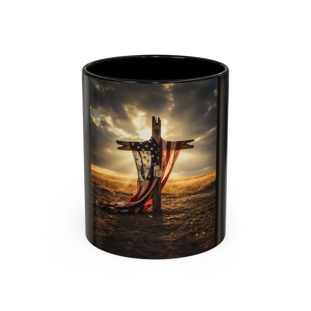 American Flag Cross Coffee Mug — Patriotic Religious Tribute Accent Mug