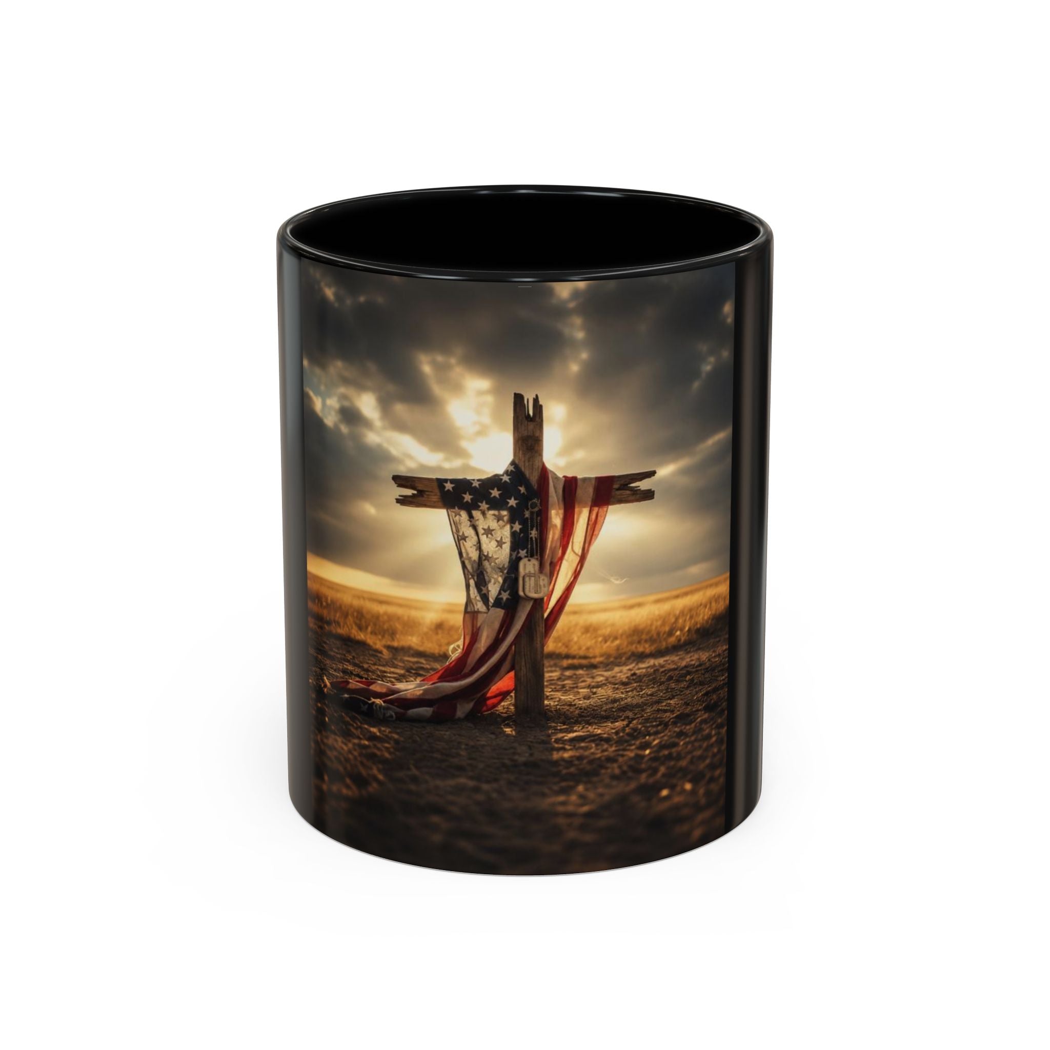 American Flag Cross Coffee Mug — Patriotic Religious Tribute Accent Mug