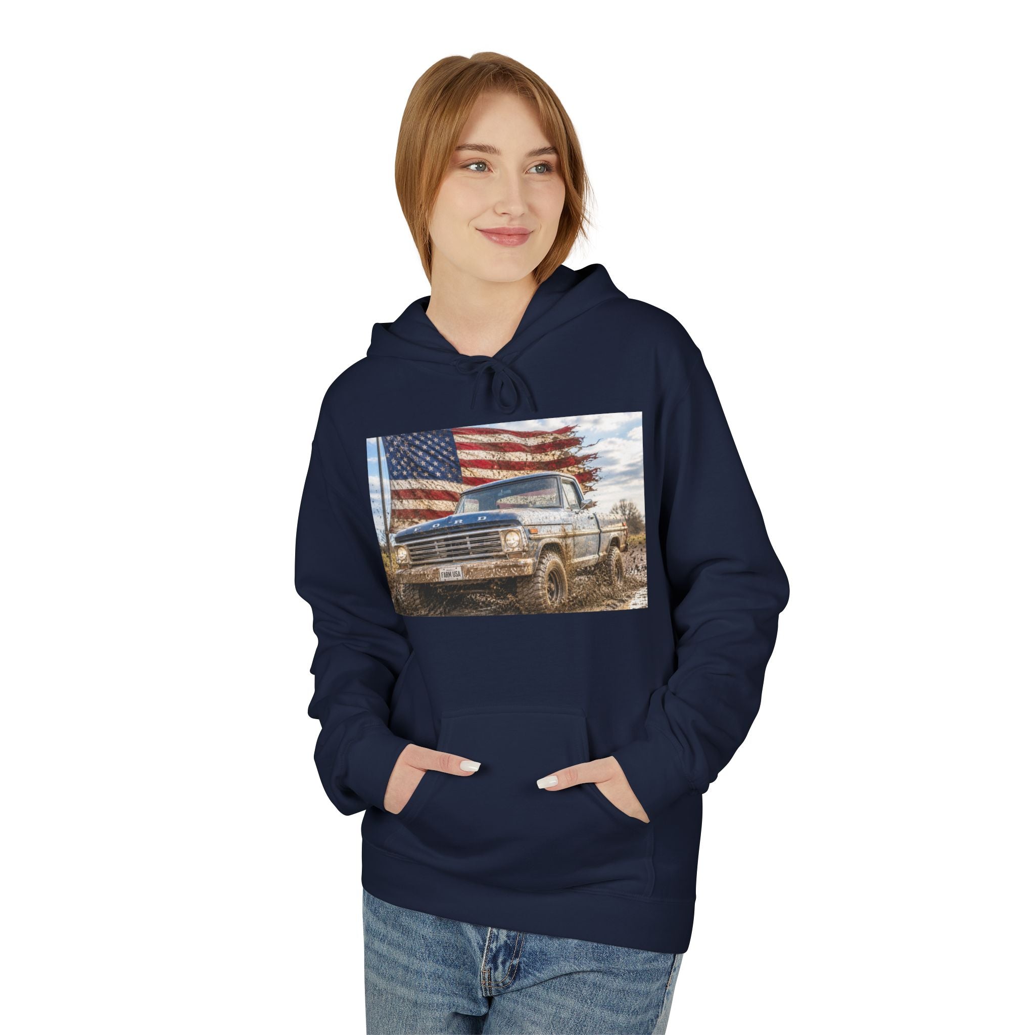 American Flag Vintage Truck Hoodie — Patriotic USA Pickup Sweatshirt