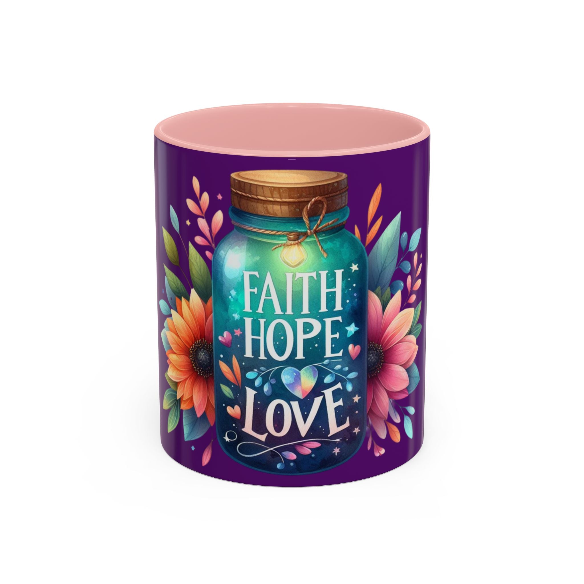 Faith Hope Love Accent Coffee Mug — Floral Jar Design (11/15 oz)
