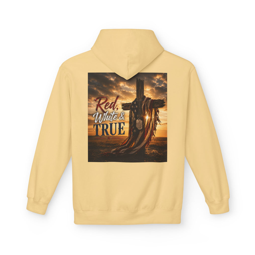 Red White & True Hoodie — Patriotic Cross Sunset Pullover