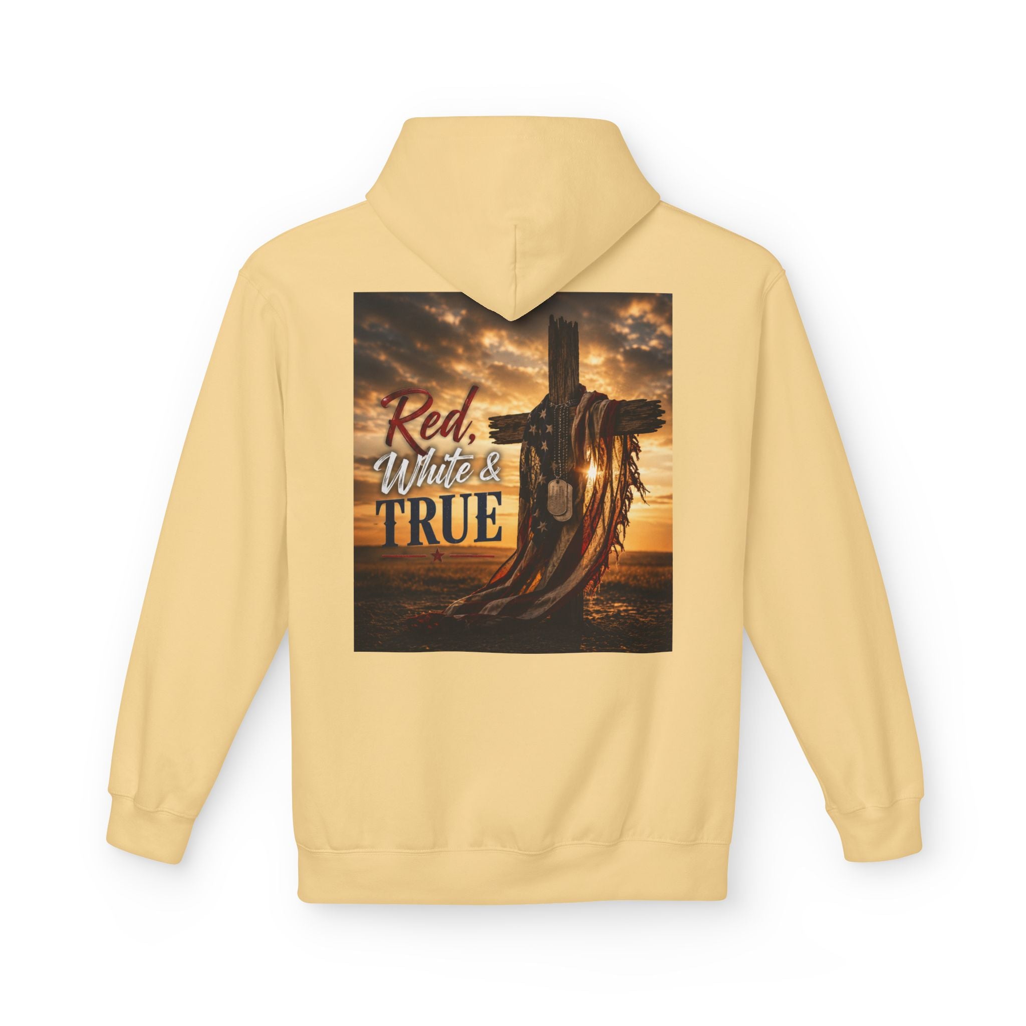 Red White & True Hoodie — Patriotic Cross Sunset Pullover