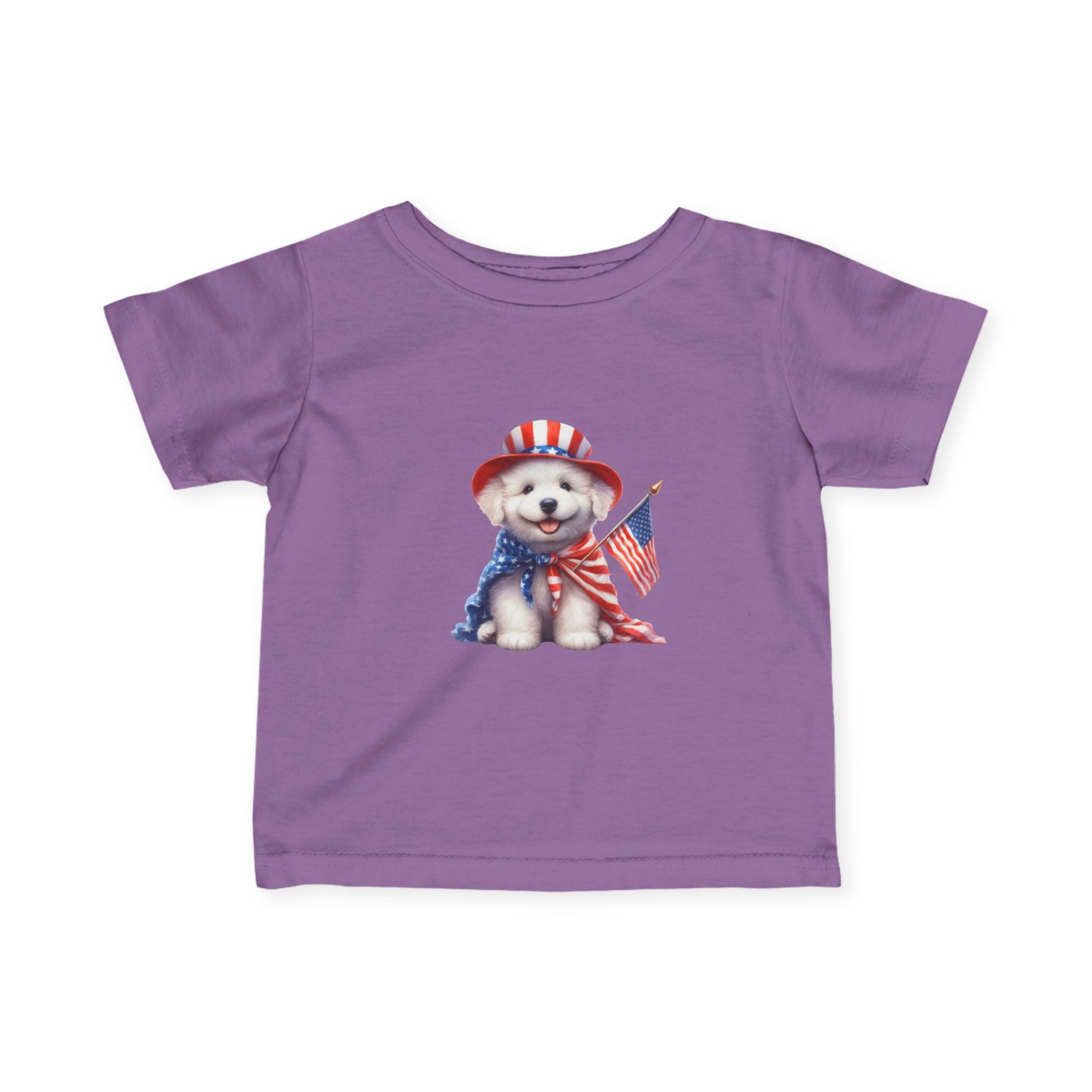 Infant Tee – Patriotic Puppy with American Flag (4th of July Baby Shirt)