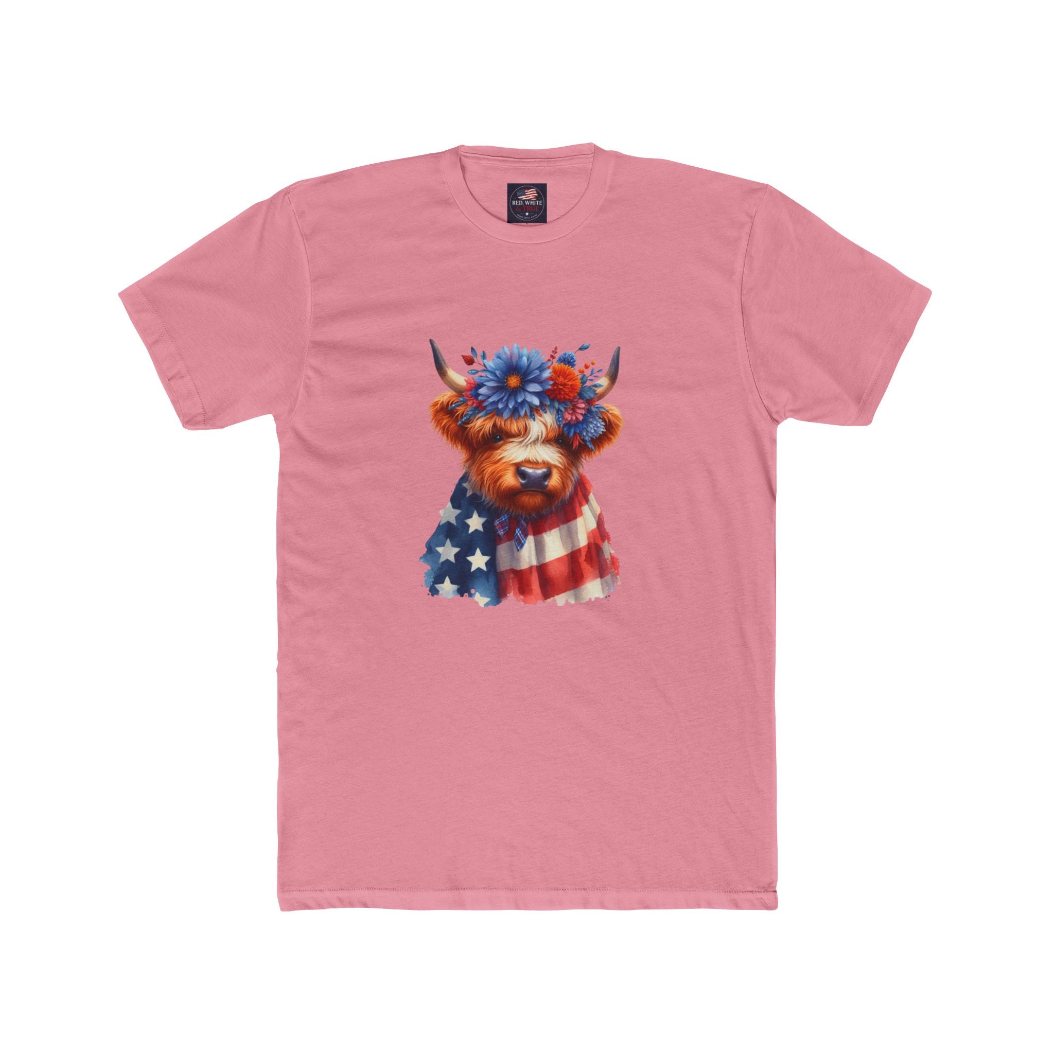 Patriotic Highland Cow T‑Shirt – American Flag & Floral Cow Graphic